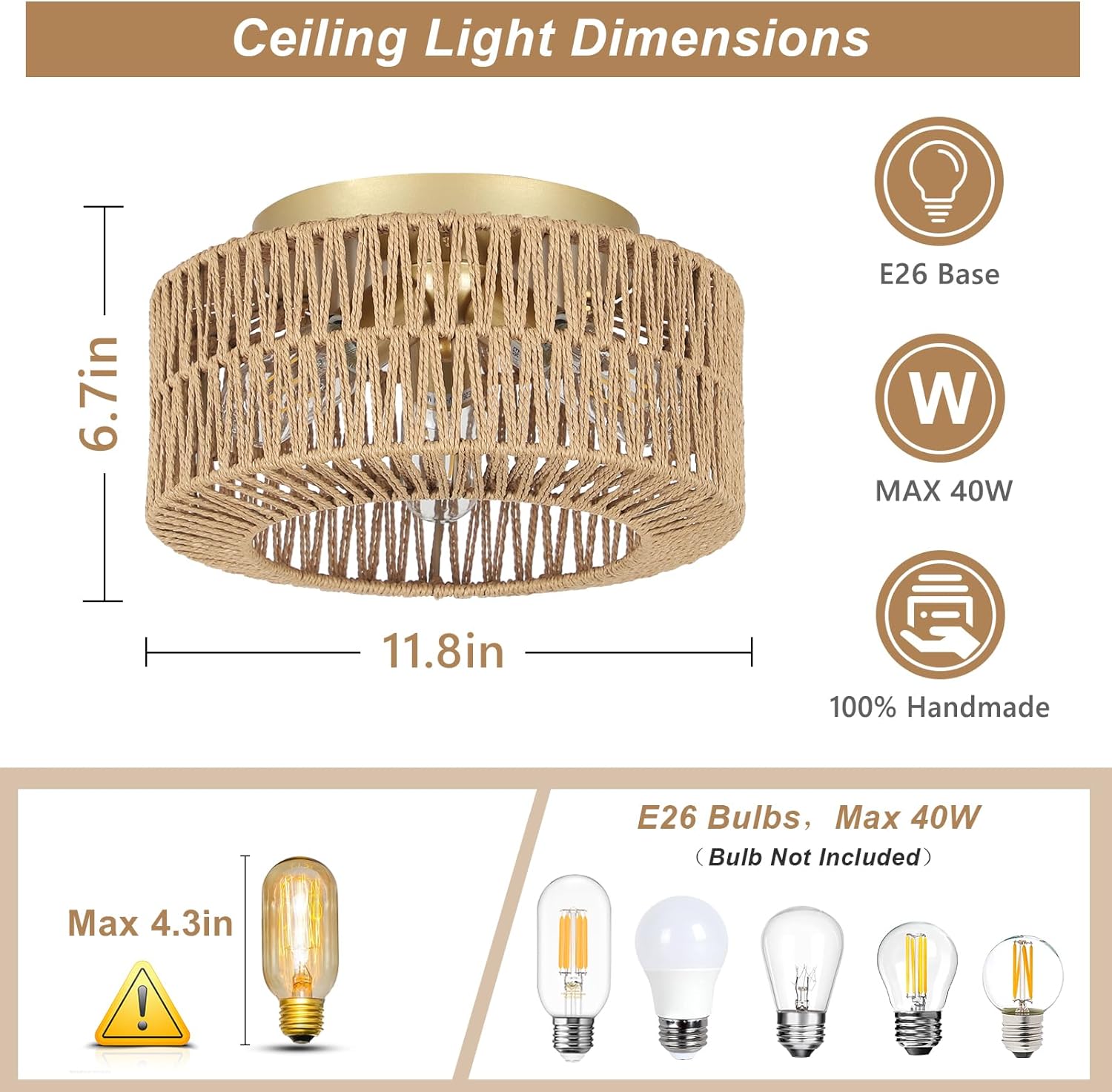 Boho Light Fixtures Ceiling Mount, 3-Light Farmhouse Rattan Ceiling Light Fixture, Flush Mount Ceiling Light with Hand-Woven Shade, Modern Chandelier for Living Bedroom Entryway Kitchen Nursery - Image 5