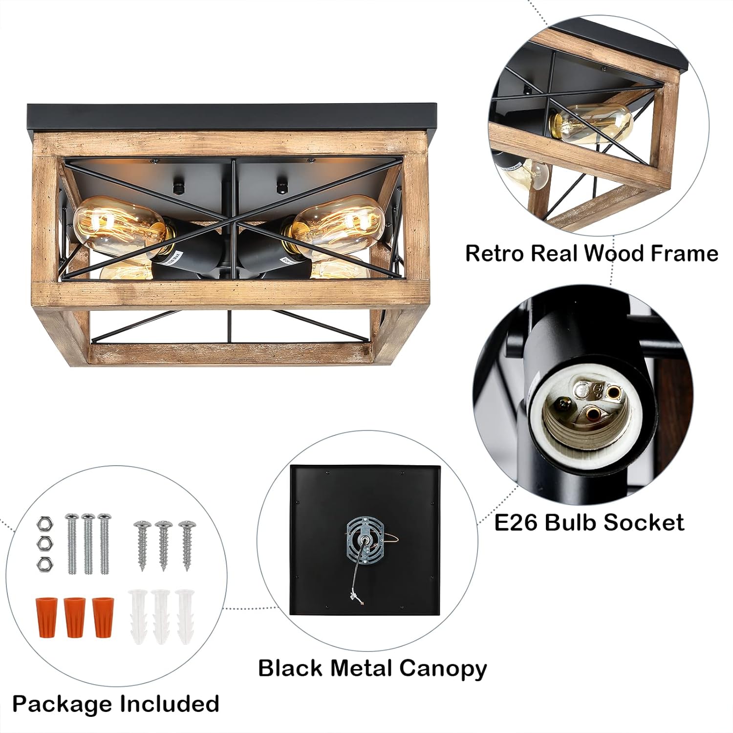 Wooden Flush Mount Ceiling Lights, 4-Light Farmhouse Close to Ceiling Lighting Fixtures Black Ceiling Lamp for Kitchen Island Living Room Bedroom Hallway Laundry Entryway - Image 2
