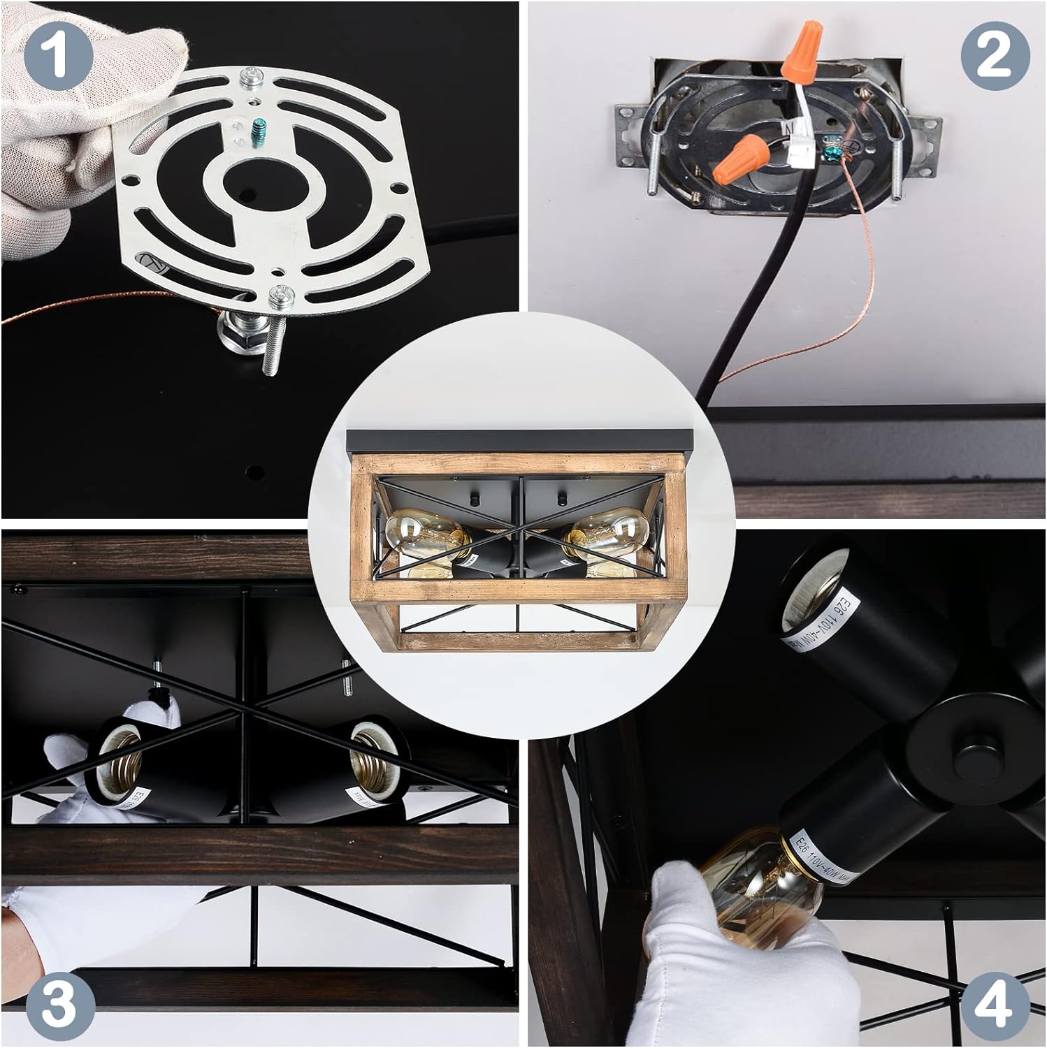 Wooden Flush Mount Ceiling Lights, 4-Light Farmhouse Close to Ceiling Lighting Fixtures Black Ceiling Lamp for Kitchen Island Living Room Bedroom Hallway Laundry Entryway - Image 4