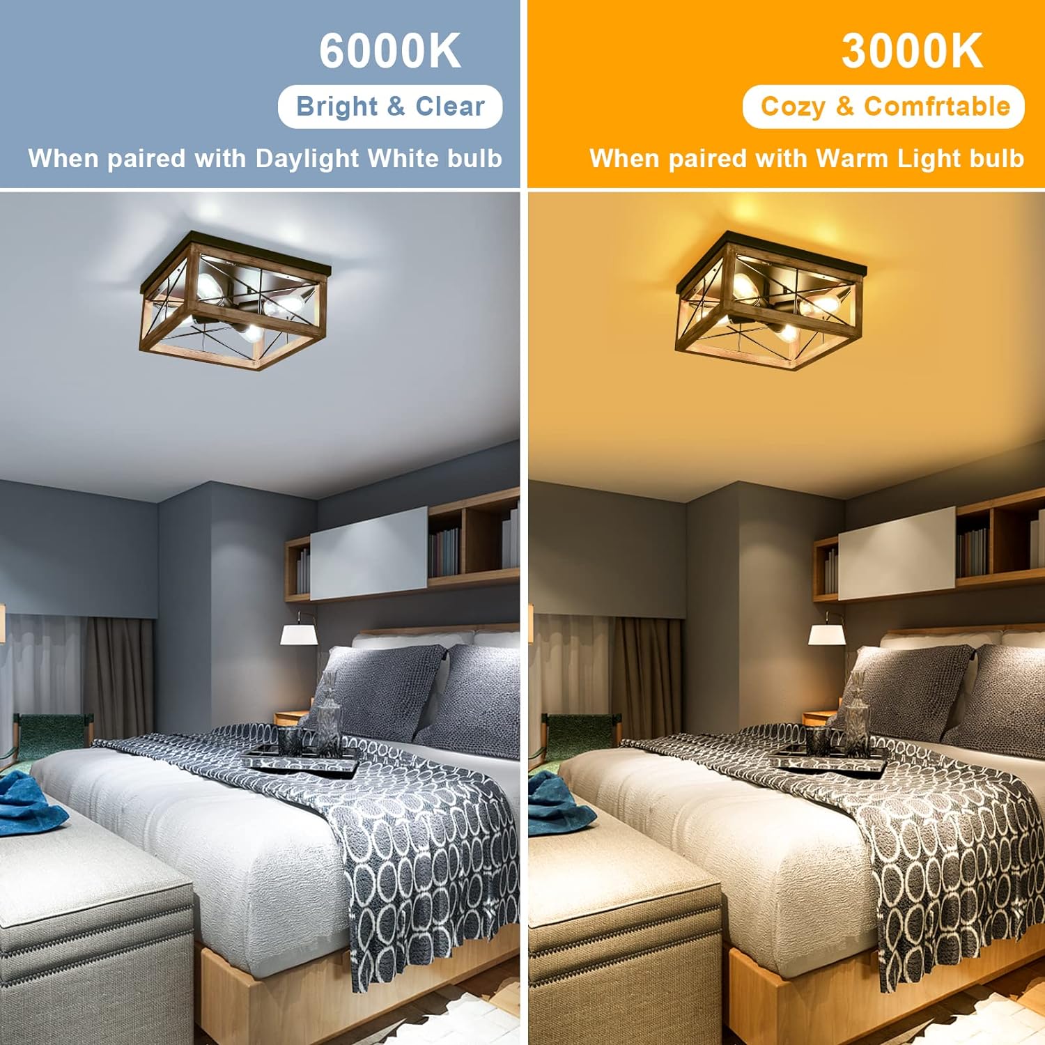 Wooden Flush Mount Ceiling Lights, 4-Light Farmhouse Close to Ceiling Lighting Fixtures Black Ceiling Lamp for Kitchen Island Living Room Bedroom Hallway Laundry Entryway - Image 5
