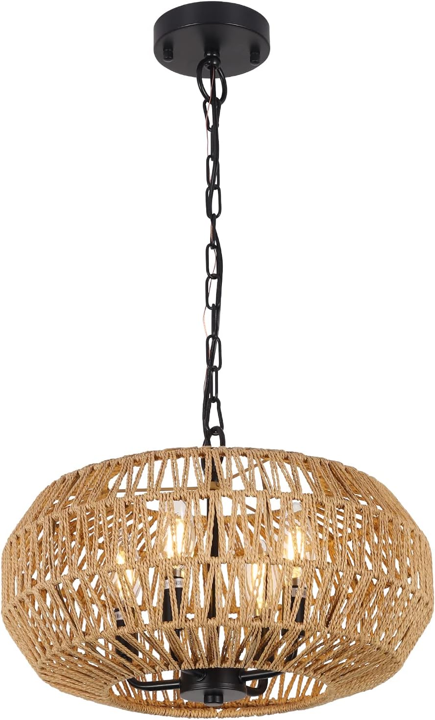 Farmhouse Rattan Pendant Lights, 15.7" 4-Light Boho Chandelier Light Fixture, Wicker Hand Woven Basket Pendant Hanging for Dining Room Living Room Kitchen Island Bedroom Foyer, Height Adjustable - Image 2
