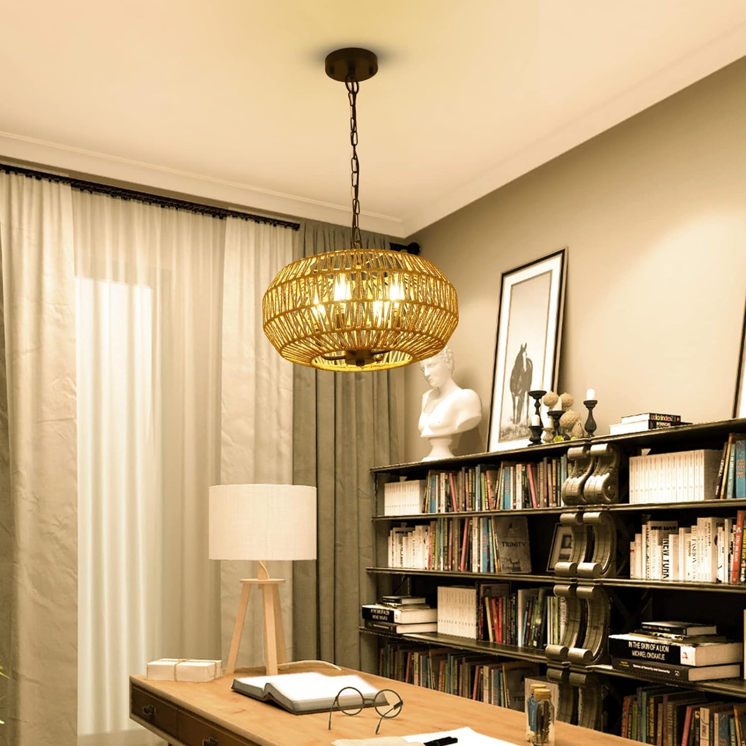 Farmhouse Rattan Pendant Lights, 15.7" 4-Light Boho Chandelier Light Fixture, Wicker Hand Woven Basket Pendant Hanging for Dining Room Living Room Kitchen Island Bedroom Foyer, Height Adjustable - Image 3