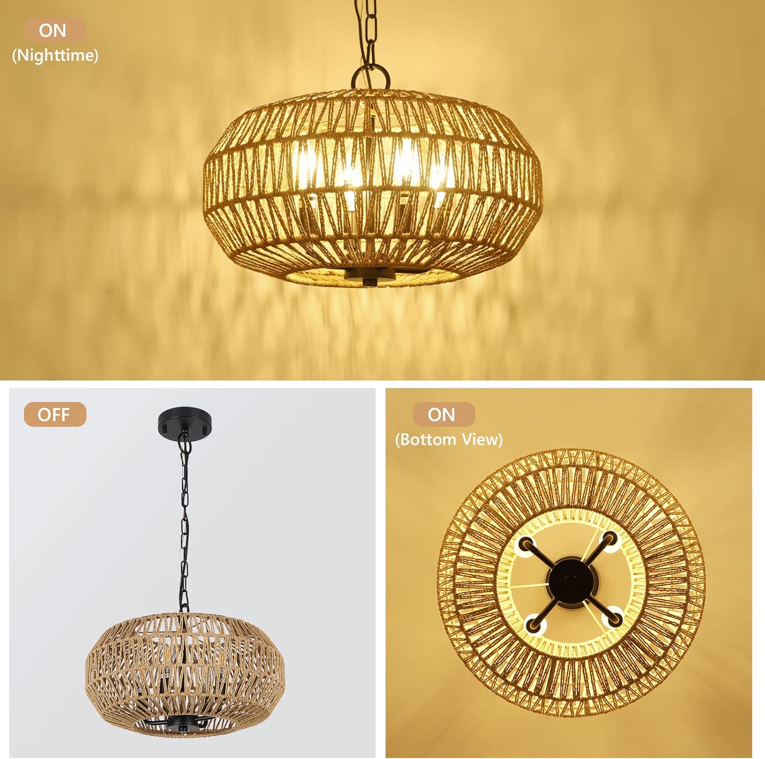 Farmhouse Rattan Pendant Lights, 15.7" 4-Light Boho Chandelier Light Fixture, Wicker Hand Woven Basket Pendant Hanging for Dining Room Living Room Kitchen Island Bedroom Foyer, Height Adjustable - Image 4