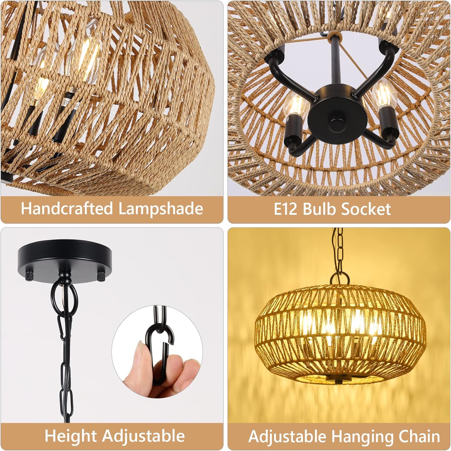 Farmhouse Rattan Pendant Lights, 15.7" 4-Light Boho Chandelier Light Fixture, Wicker Hand Woven Basket Pendant Hanging for Dining Room Living Room Kitchen Island Bedroom Foyer, Height Adjustable - Image 5