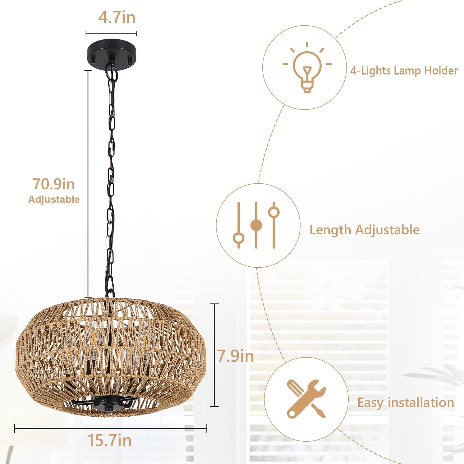 Farmhouse Rattan Pendant Lights, 15.7" 4-Light Boho Chandelier Light Fixture, Wicker Hand Woven Basket Pendant Hanging for Dining Room Living Room Kitchen Island Bedroom Foyer, Height Adjustable - Image 6