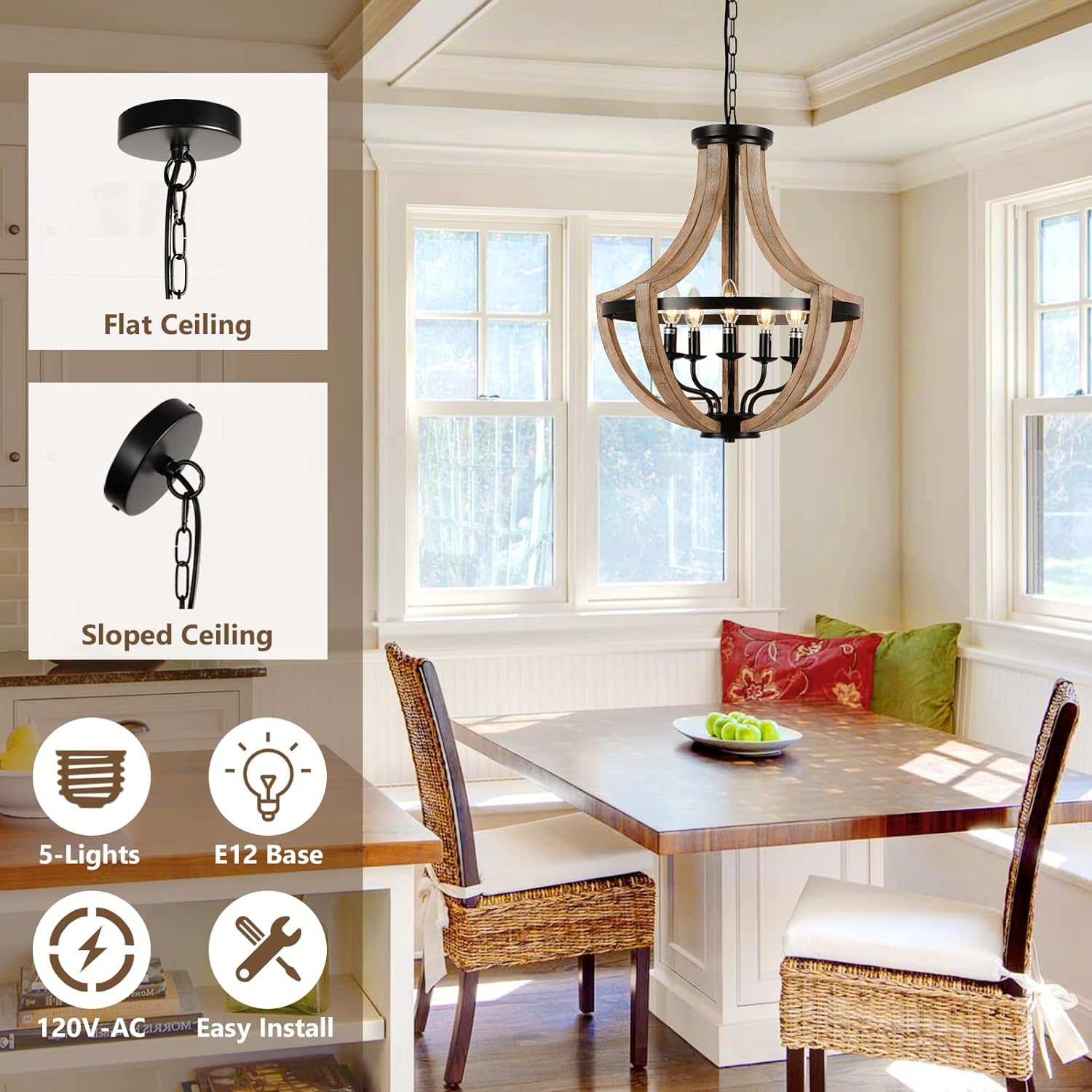 19" Farmhouse Chandelier Light Fixtures, 5-Light Dining Room Light Fixtures Over Table, Solid Wood Modern Chandeliers for Dining Room Living Room Kitchen Island Bedroom Foyer, Height Adjustable, Brown - Image 3