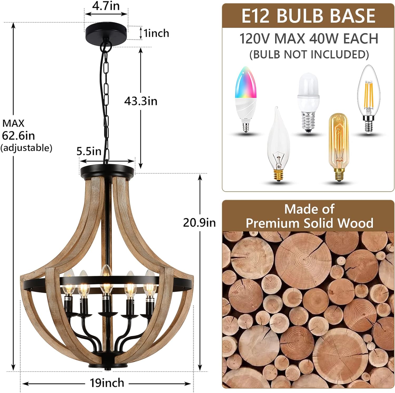 19" Farmhouse Chandelier Light Fixtures, 5-Light Dining Room Light Fixtures Over Table, Solid Wood Modern Chandeliers for Dining Room Living Room Kitchen Island Bedroom Foyer, Height Adjustable, Brown - Image 4