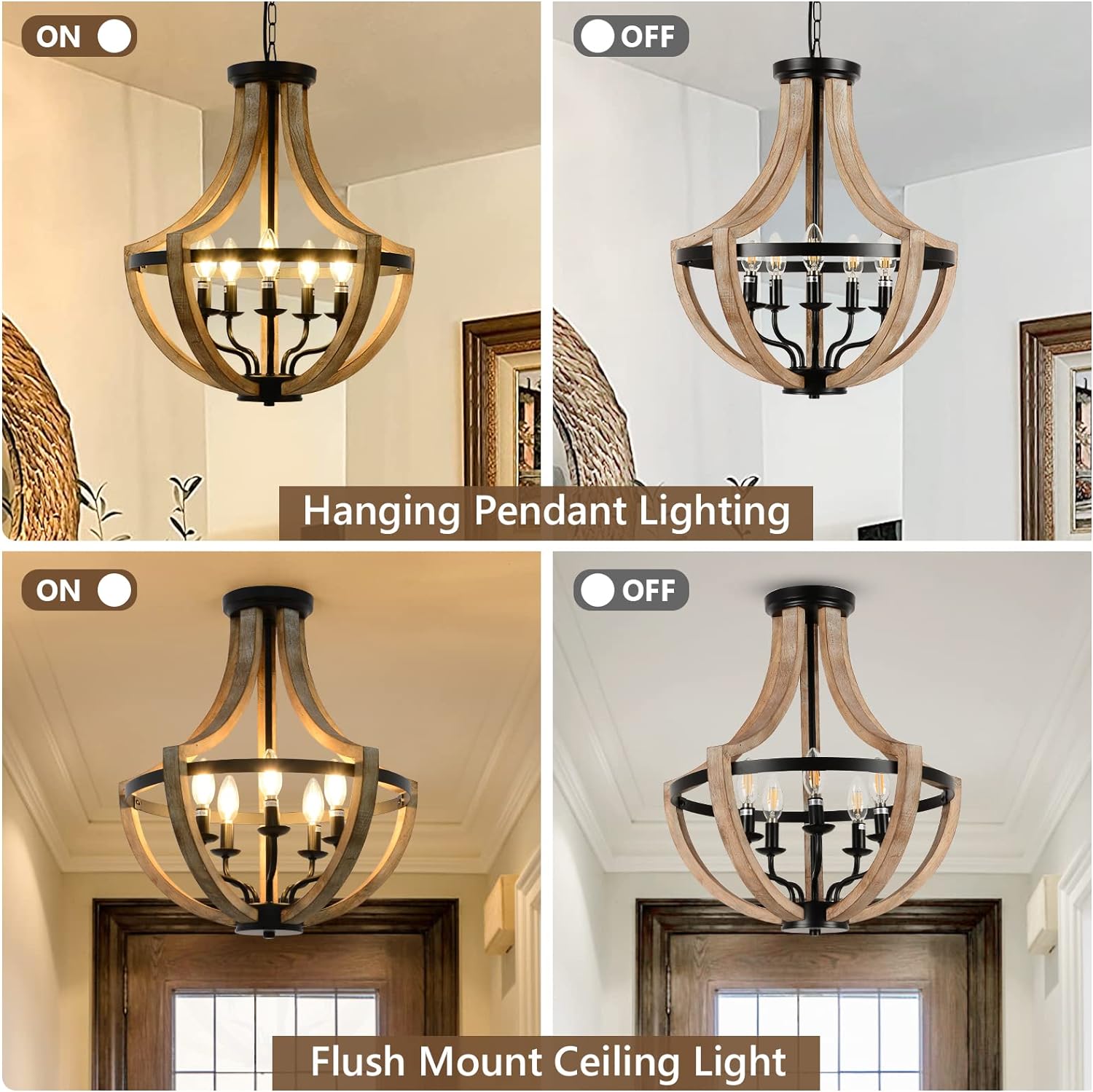 19" Farmhouse Chandelier Light Fixtures, 5-Light Dining Room Light Fixtures Over Table, Solid Wood Modern Chandeliers for Dining Room Living Room Kitchen Island Bedroom Foyer, Height Adjustable, Brown - Image 5