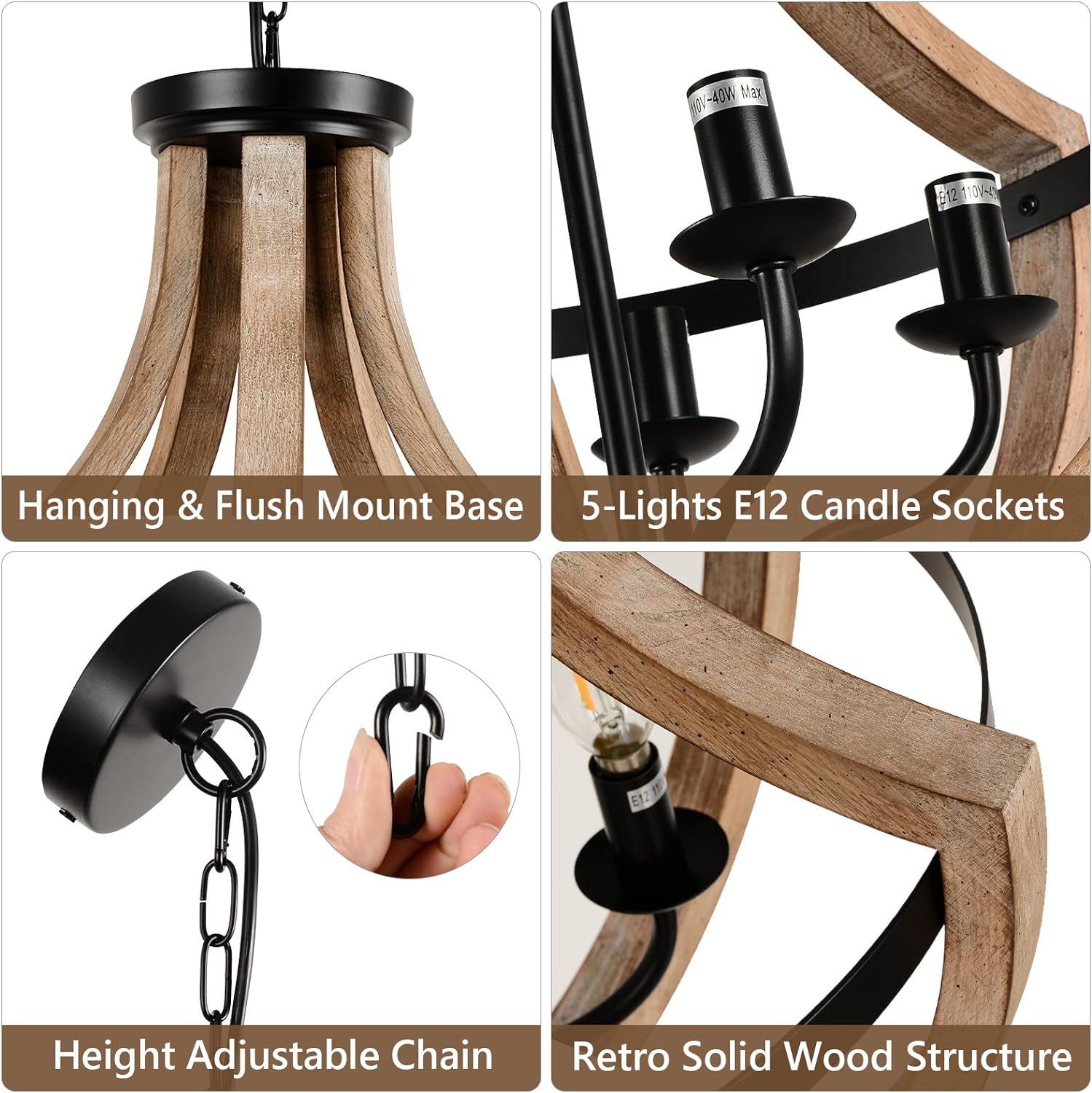 19" Farmhouse Chandelier Light Fixtures, 5-Light Dining Room Light Fixtures Over Table, Solid Wood Modern Chandeliers for Dining Room Living Room Kitchen Island Bedroom Foyer, Height Adjustable, Brown - Image 6
