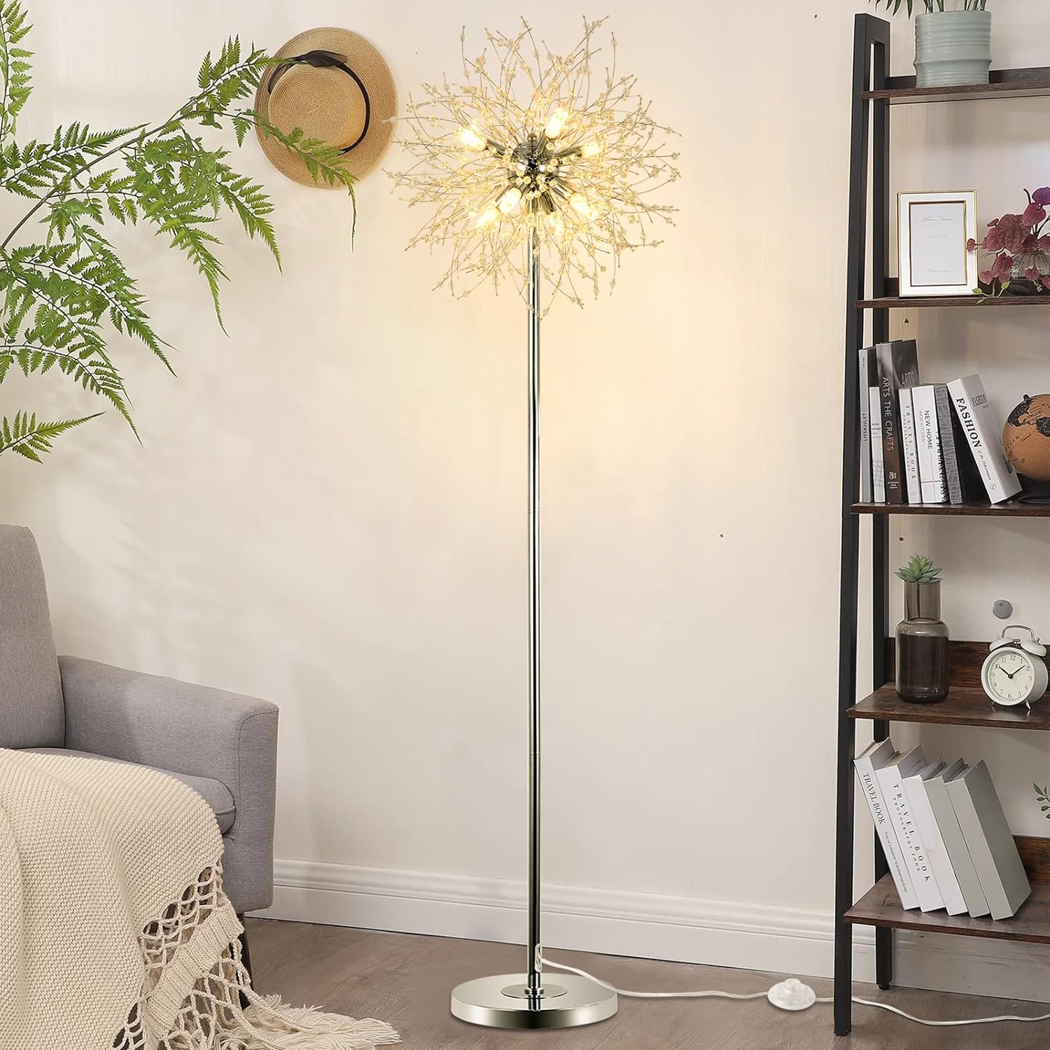 Crystal Floor Lamp for Bedroom, Floor Lamp for Living Room, Elegant Standing Lamp, 69" Tall Pole Lamp, Modern Floor Lamp for Room Decor, 32 Firework Crystal Harnesses Included, Chrome Finish - Image 2