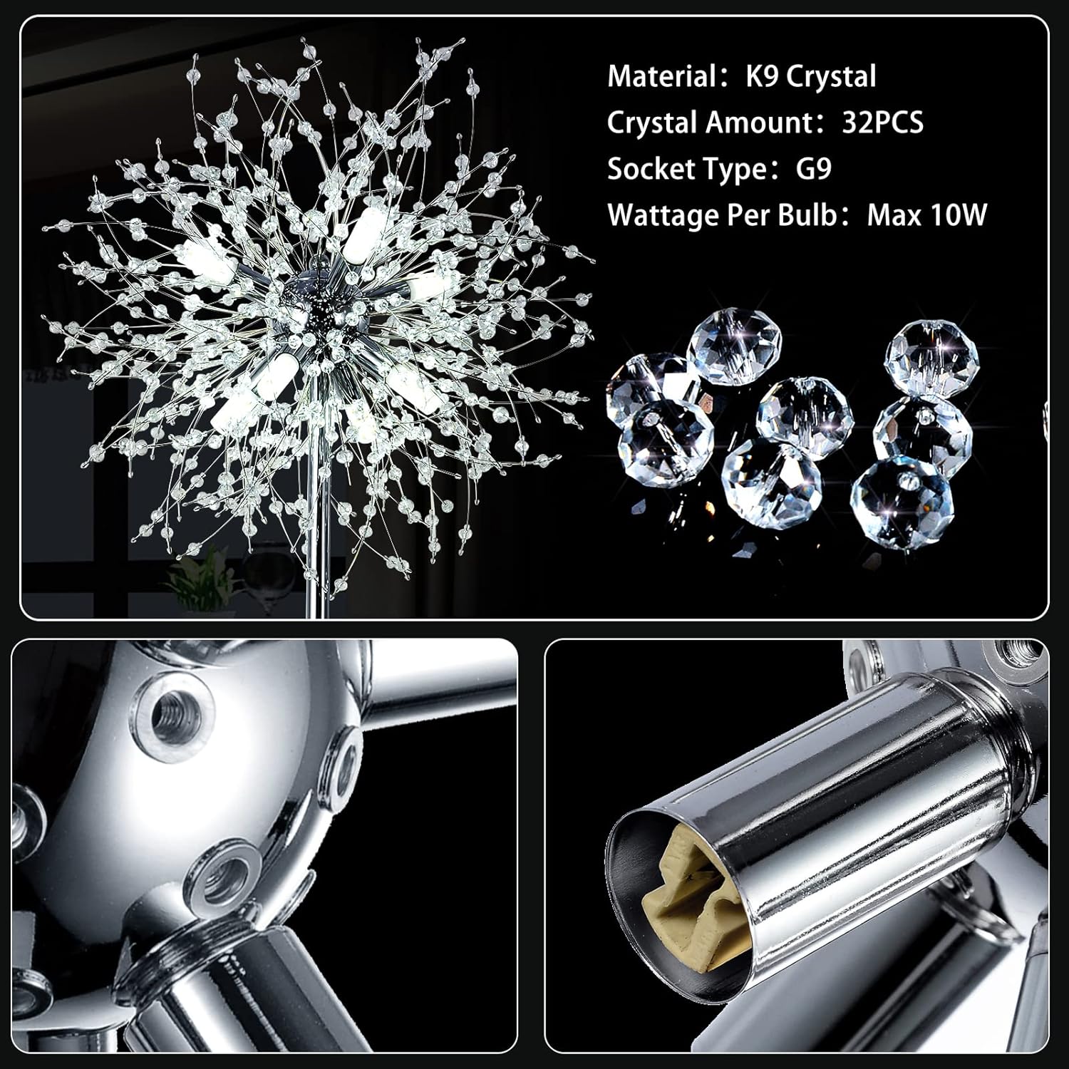 Crystal Floor Lamp for Bedroom, Floor Lamp for Living Room, Elegant Standing Lamp, 69" Tall Pole Lamp, Modern Floor Lamp for Room Decor, 32 Firework Crystal Harnesses Included, Chrome Finish - Image 4