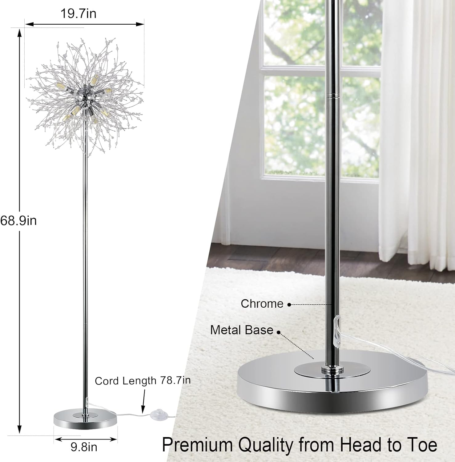 Crystal Floor Lamp for Bedroom, Floor Lamp for Living Room, Elegant Standing Lamp, 69" Tall Pole Lamp, Modern Floor Lamp for Room Decor, 32 Firework Crystal Harnesses Included, Chrome Finish - Image 5