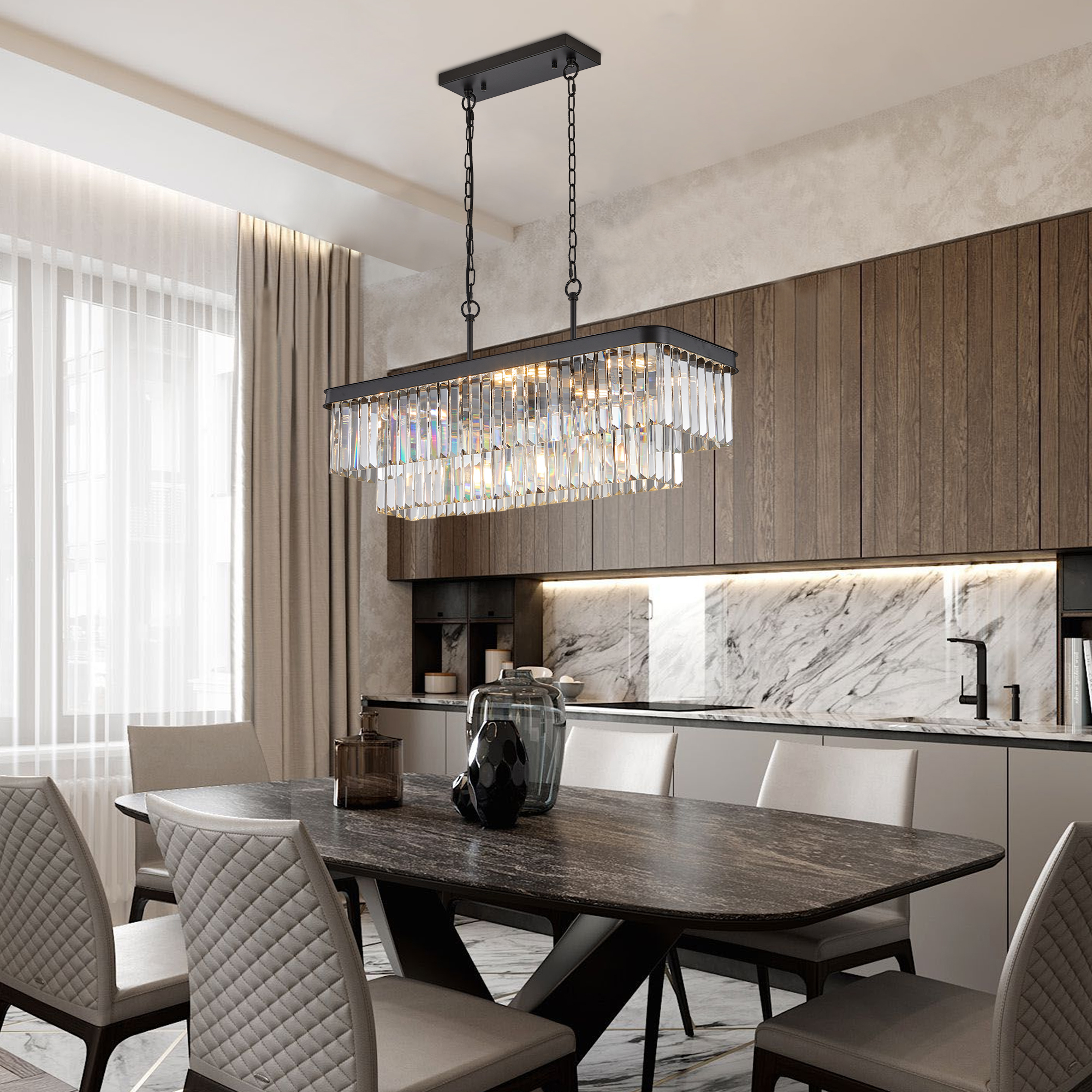 Chandeliers,Rectangular Crystal Chandelier Adjustable,E12 Modern Industrial Crystal Lights,Farmhouse Iron Ceiling Hanging Light for Kitchen Living Room Bedroom/Black(Bulb Not Included) - Image 2