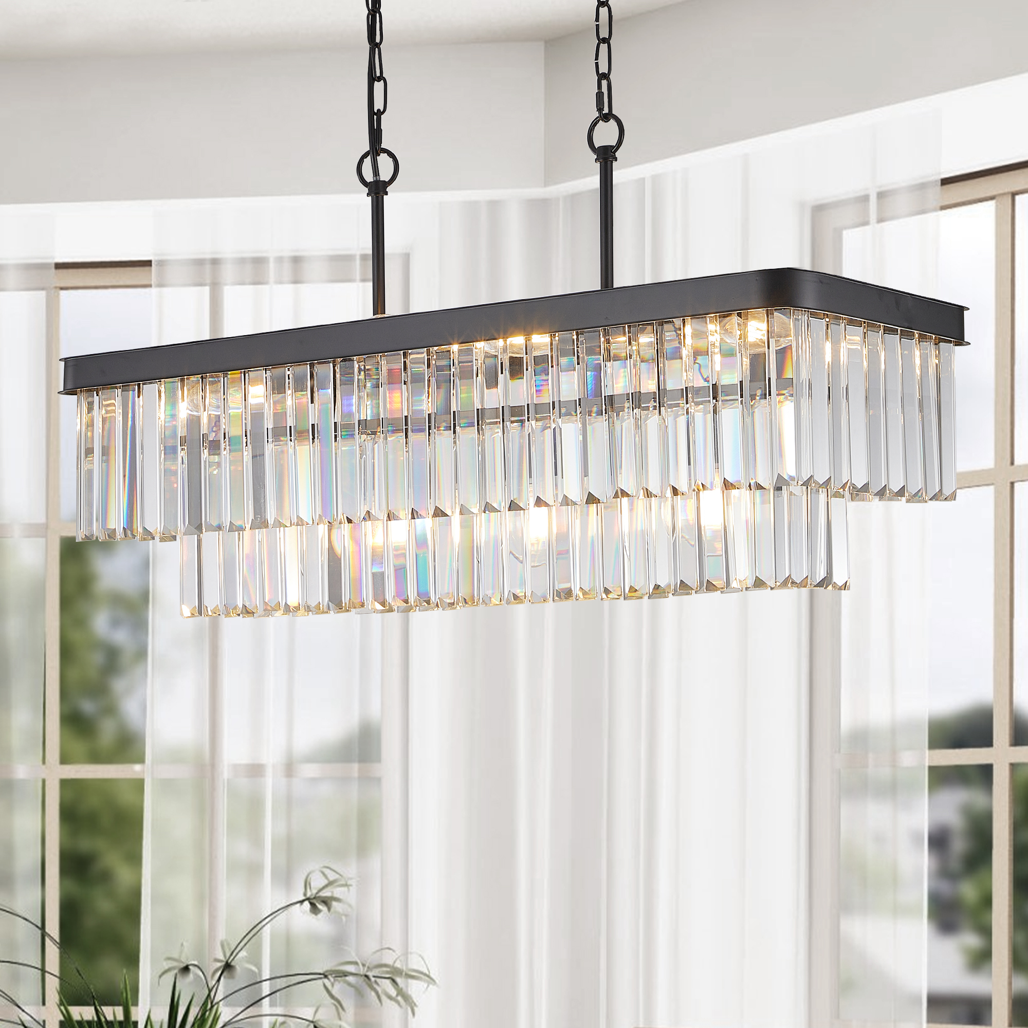 Chandeliers,Rectangular Crystal Chandelier Adjustable,E12 Modern Industrial Crystal Lights,Farmhouse Iron Ceiling Hanging Light for Kitchen Living Room Bedroom/Black(Bulb Not Included) - Image 5