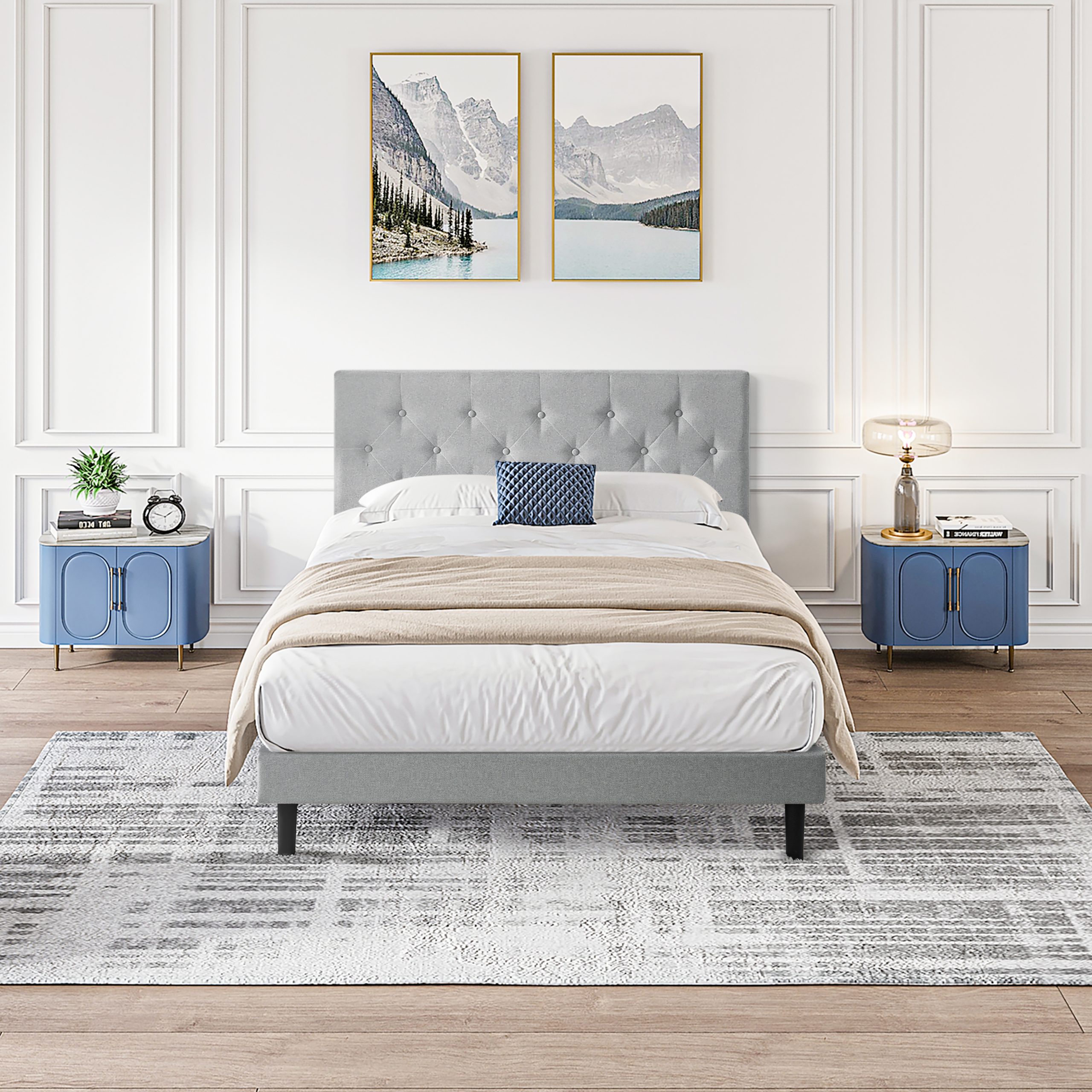 Queen Size Upholstered Platform Bed Frame with Modern Button Tufted Linen Fabric Headboard, No Box Spring Needed, Wood Slat Support, Easy Assembly, Grey - Image 2