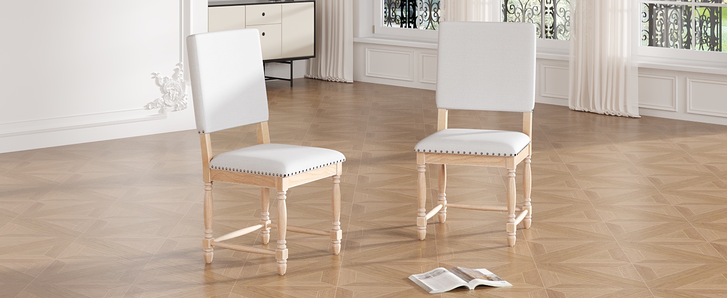TOPMAX Vintage Traditional 2-Piece Upholstered Dining Chairs with Padded Backs, Natural - Image 3