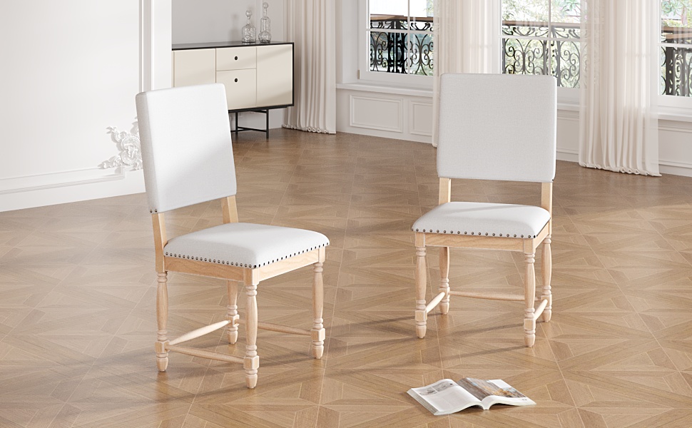 TOPMAX Vintage Traditional 2-Piece Upholstered Dining Chairs with Padded Backs, Natural - Image 4