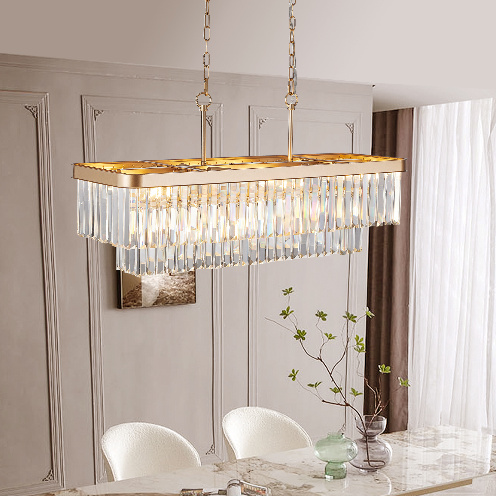 Chandeliers,Rectangular Crystal Chandelier Adjustable,E12 Modern Industrial Crystal Lights,Farmhouse Iron Ceiling Hanging Light for Kitchen Living Room Bedroom/Gold(Bulb Not Included) - Image 3