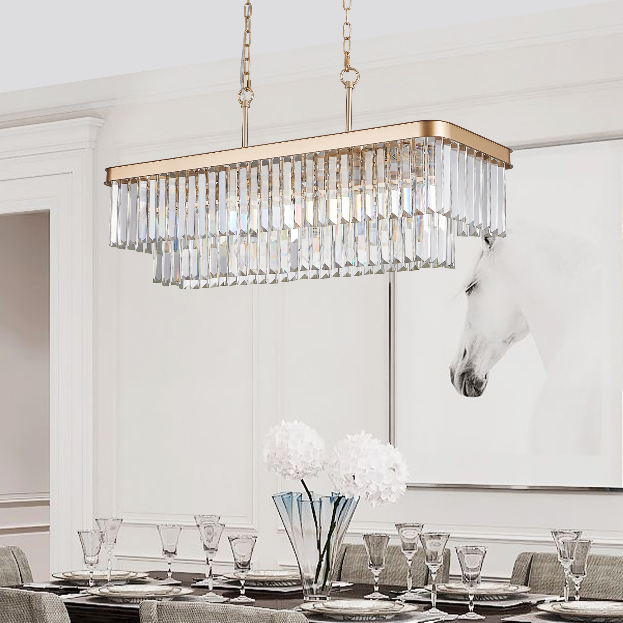 Chandeliers,Rectangular Crystal Chandelier Adjustable,E12 Modern Industrial Crystal Lights,Farmhouse Iron Ceiling Hanging Light for Kitchen Living Room Bedroom/Gold(Bulb Not Included) - Image 5