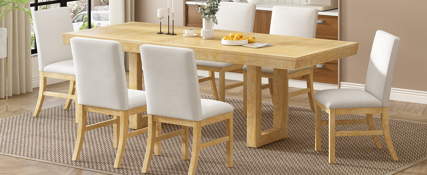 TOPMAX Traditional 7-Piece 72" Extendable Dining Table Set with 12inch Butterfly Leaf and 6 Upholstered Dining Table Set, Natural - Image 3