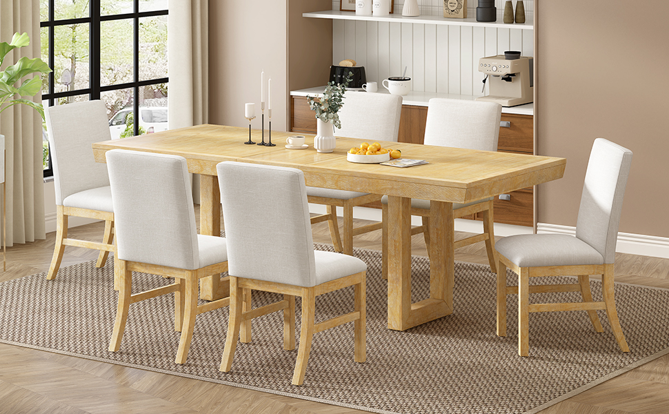 TOPMAX Traditional 7-Piece 72" Extendable Dining Table Set with 12inch Butterfly Leaf and 6 Upholstered Dining Table Set, Natural - Image 4