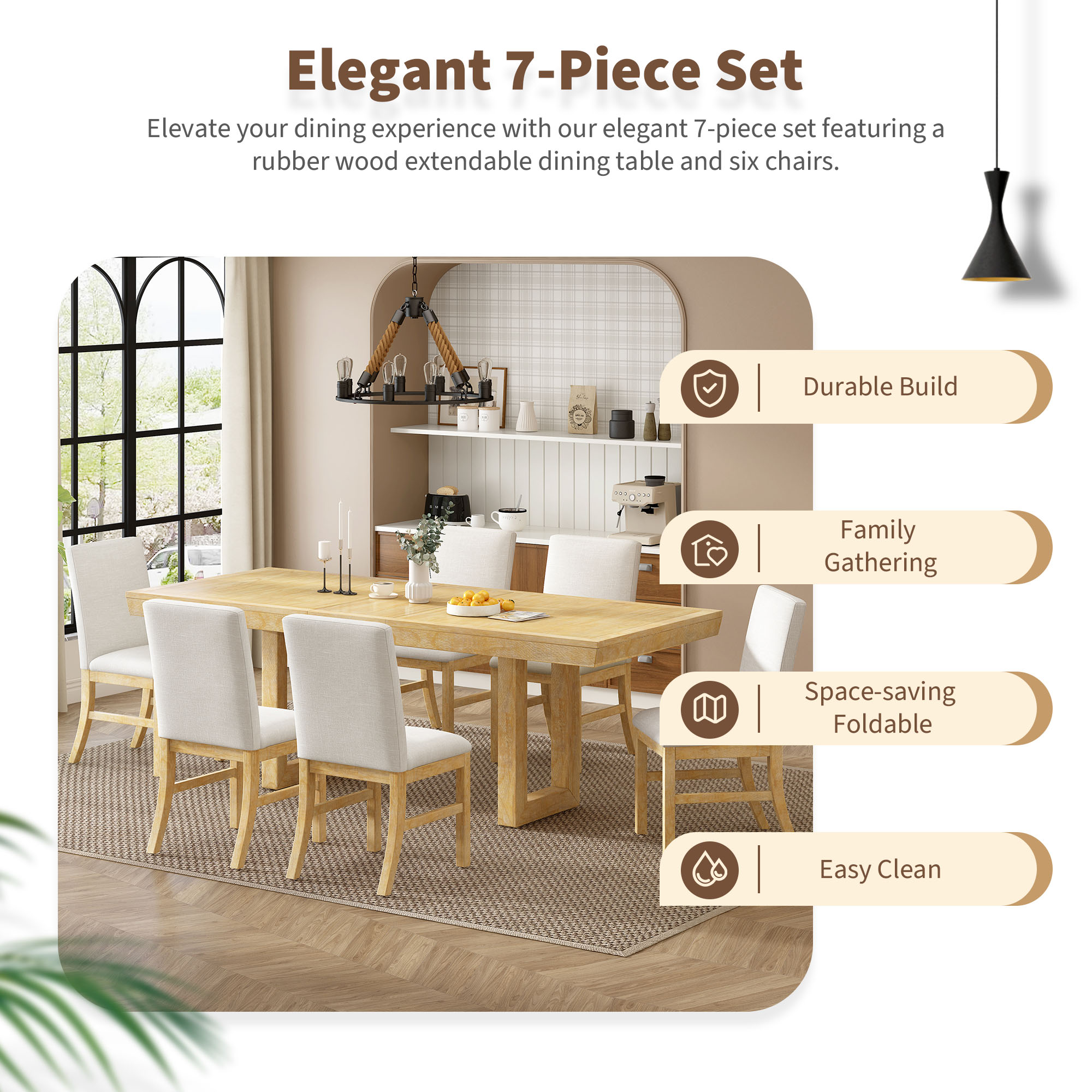 TOPMAX Traditional 7-Piece 72" Extendable Dining Table Set with 12inch Butterfly Leaf and 6 Upholstered Dining Table Set, Natural - Image 5