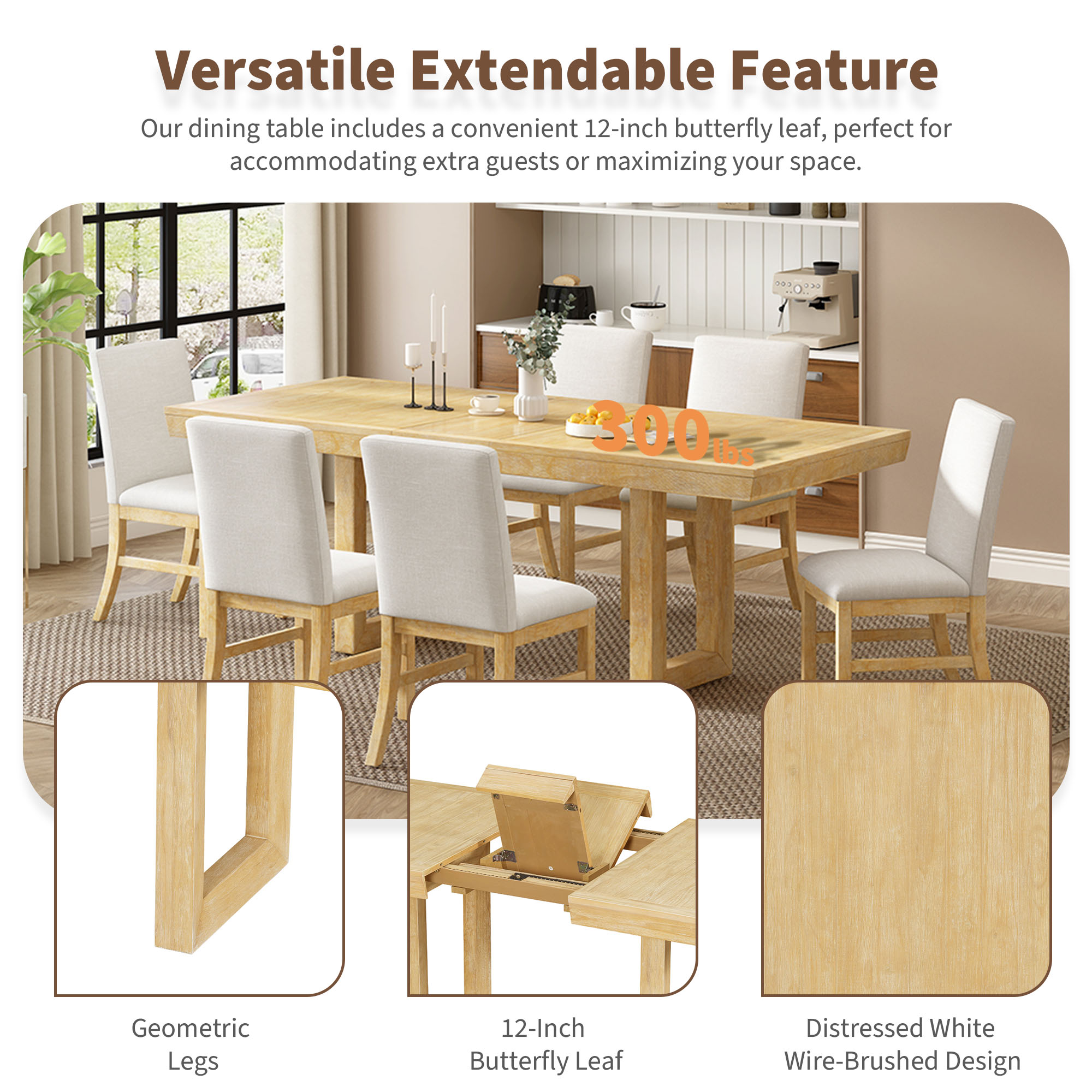 TOPMAX Traditional 7-Piece 72" Extendable Dining Table Set with 12inch Butterfly Leaf and 6 Upholstered Dining Table Set, Natural - Image 6