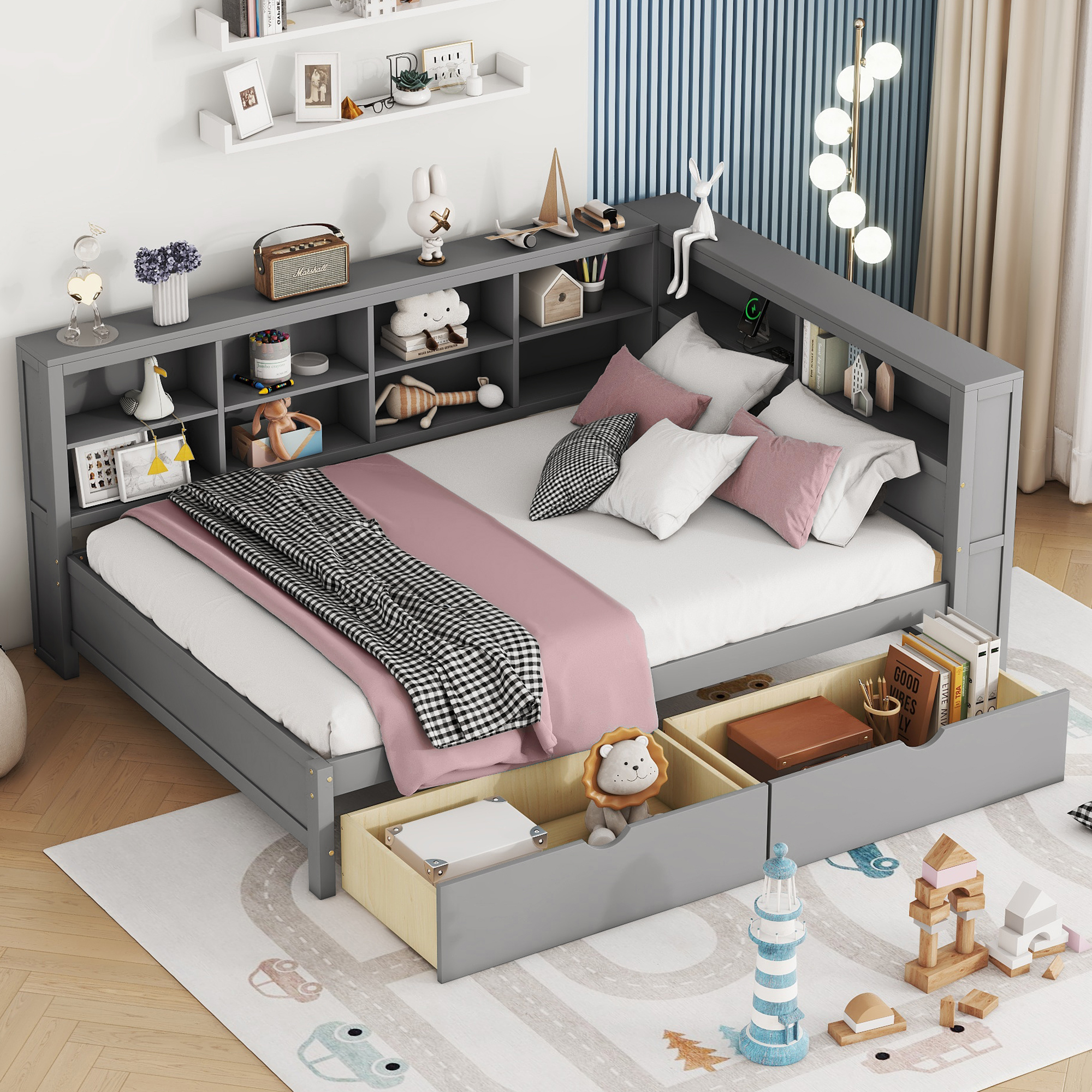 Wooden Full Size DayBed with 2 Drawers, DayBed with Storage Shelf and USB Charging Ports,Grey - Image 2