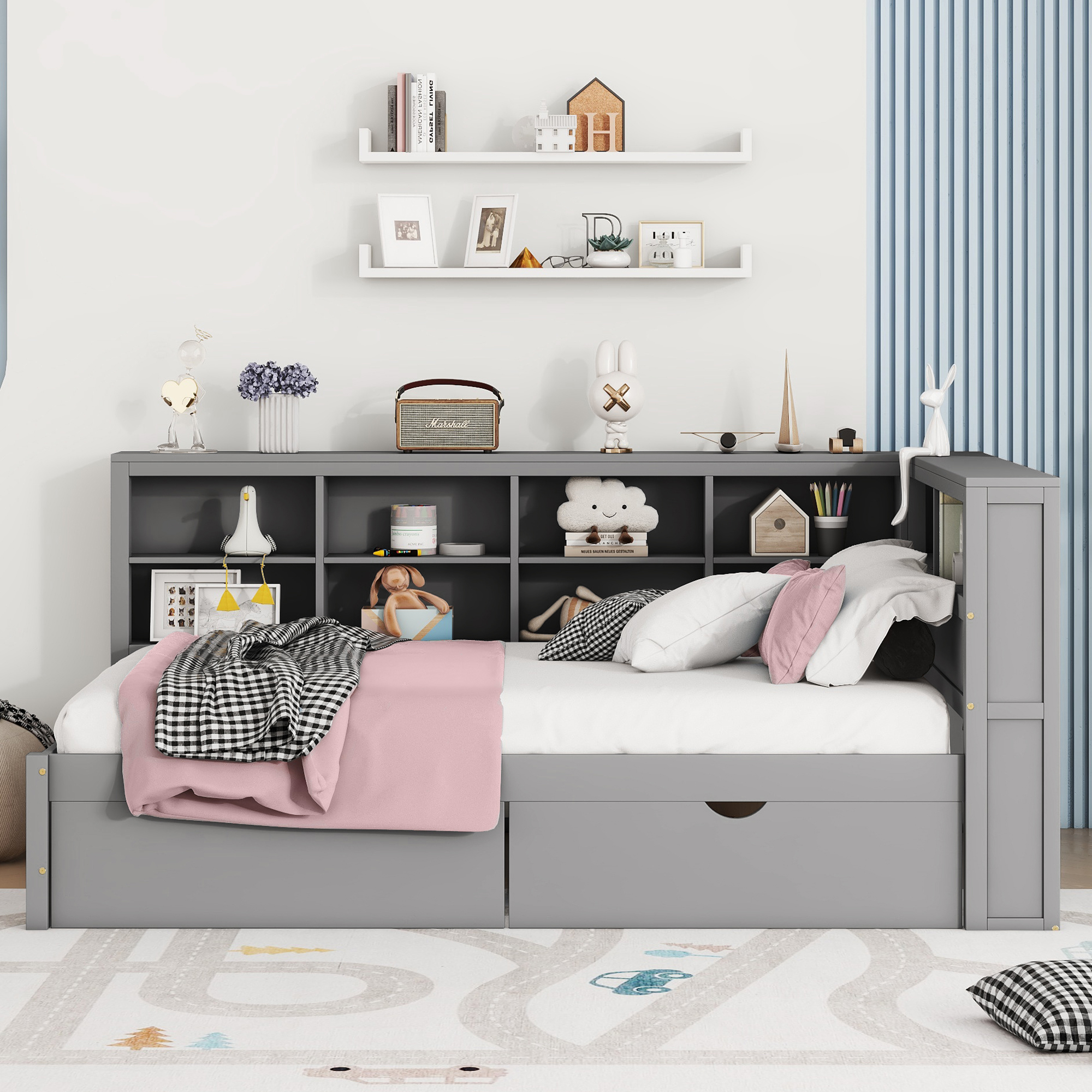Wooden Full Size DayBed with 2 Drawers, DayBed with Storage Shelf and USB Charging Ports,Grey - Image 3