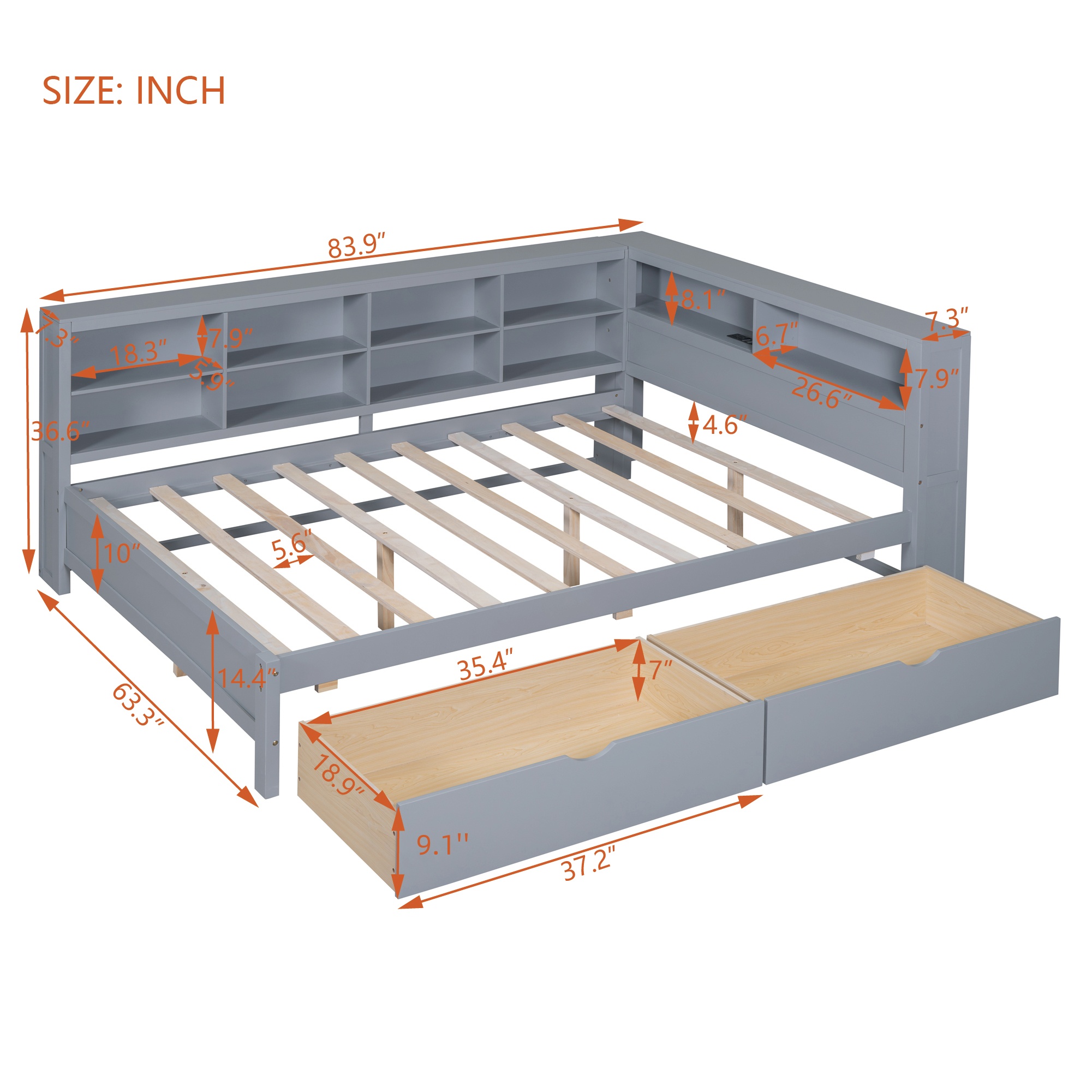 Wooden Full Size DayBed with 2 Drawers, DayBed with Storage Shelf and USB Charging Ports,Grey - Image 4