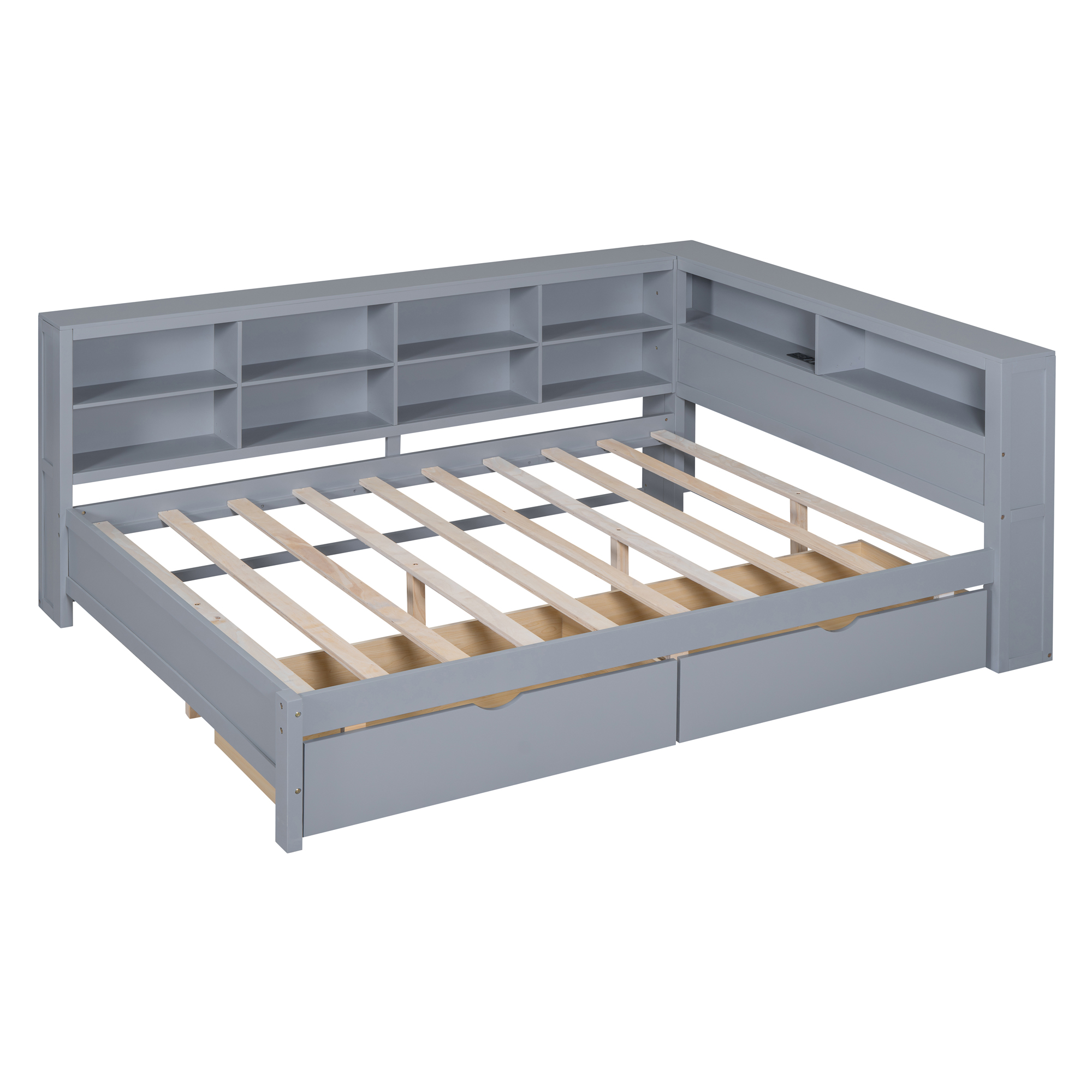 Wooden Full Size DayBed with 2 Drawers, DayBed with Storage Shelf and USB Charging Ports,Grey - Image 5