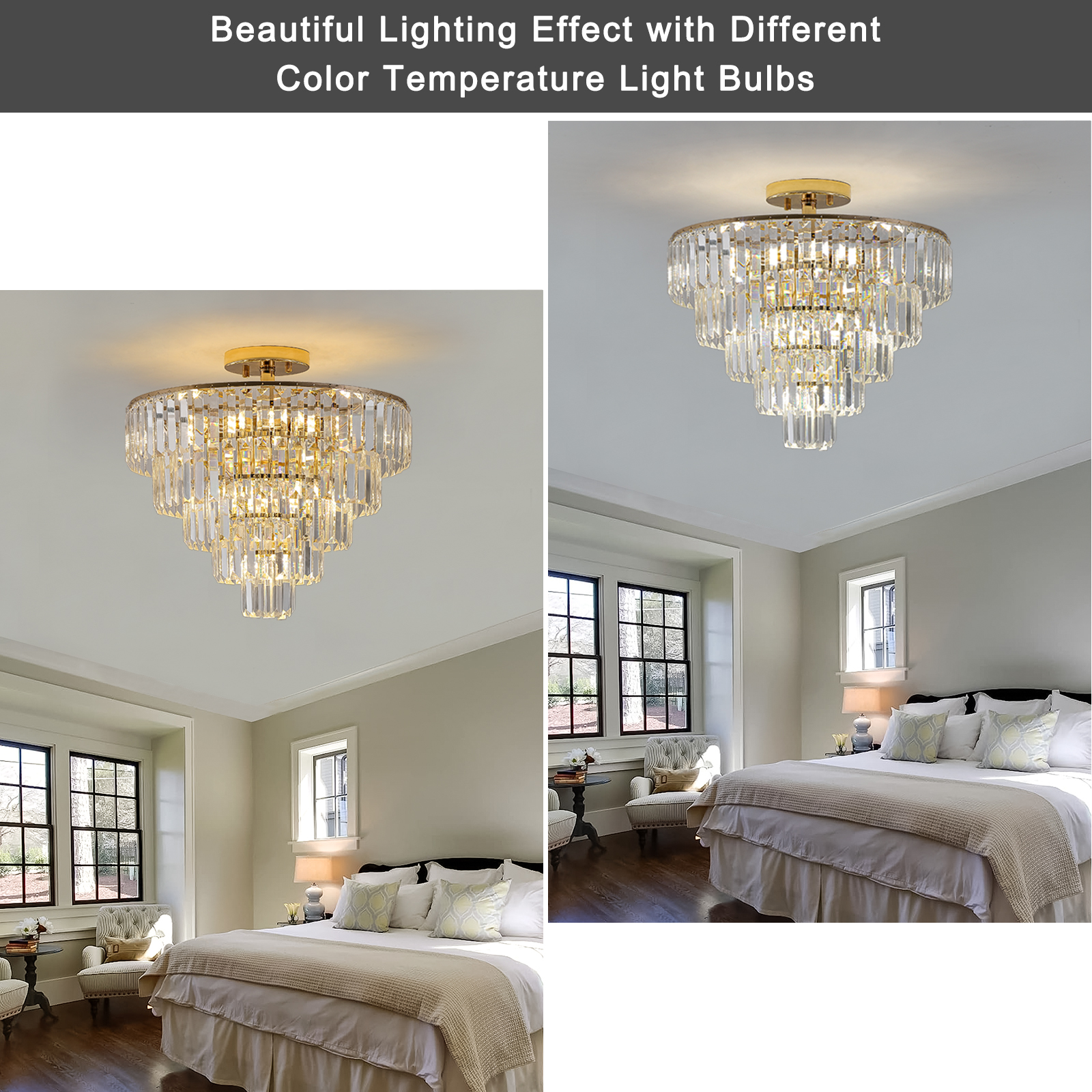 (Same as W1340102252/L5001) Gold Crystal Chandeliers,5-Tier Round Semi Flush Mount Chandelier Light Fixture,Large Contemporary Luxury Ceiling Lighting for Living Room Dining Room Bedroom Hallway - Image 3