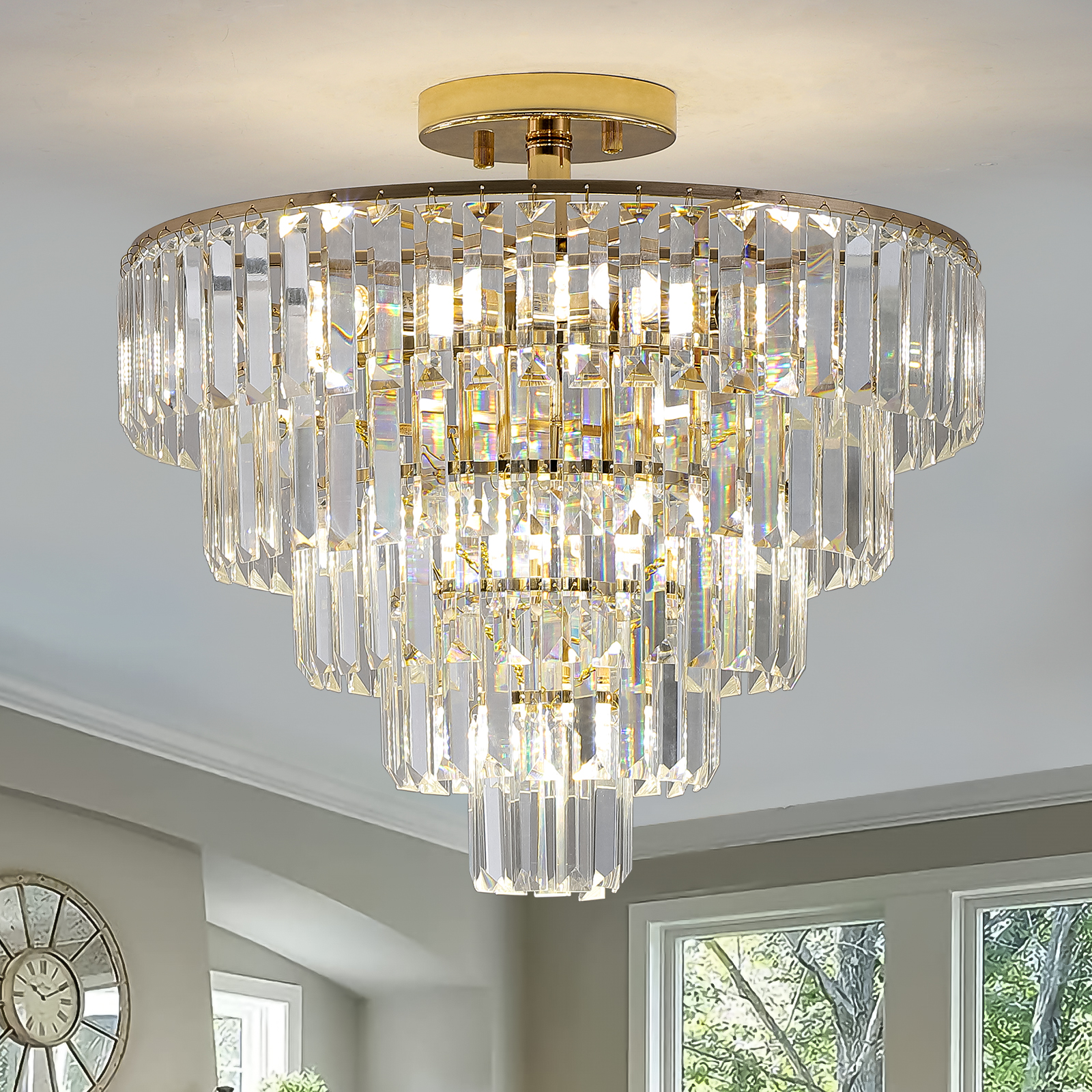 (Same as W1340102252/L5001) Gold Crystal Chandeliers,5-Tier Round Semi Flush Mount Chandelier Light Fixture,Large Contemporary Luxury Ceiling Lighting for Living Room Dining Room Bedroom Hallway - Image 2