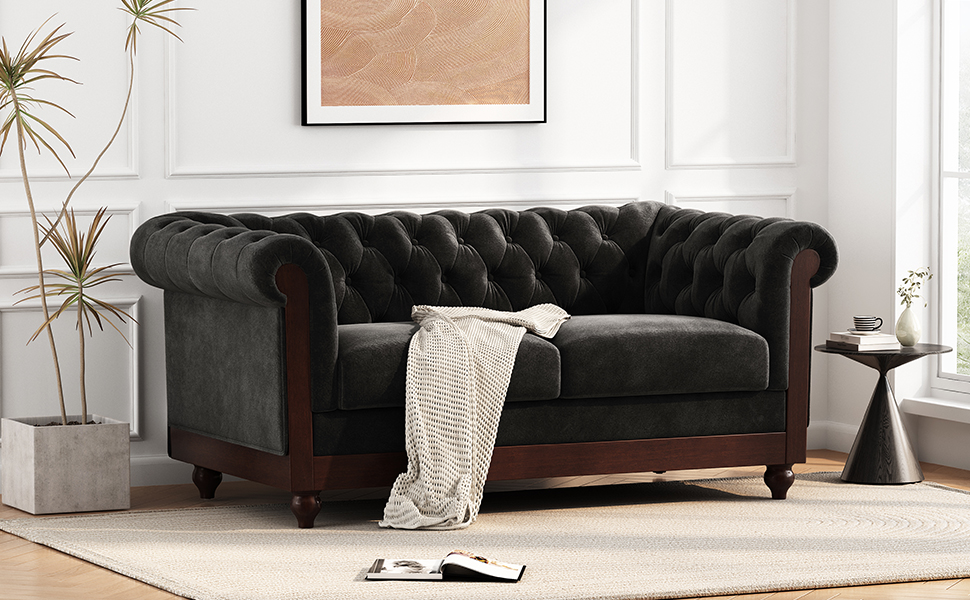 VIVALUX 59.44" Chesterfield Velvet Loveseat Sofa,2-Person Rolled Arm Dutch Plush Upholstered Sofa Couch with Tufted Button for Living Room, Bedroom, Small Places,Black - Image 3