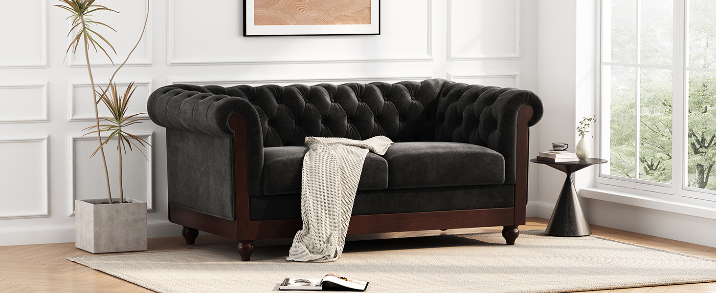 VIVALUX 59.44" Chesterfield Velvet Loveseat Sofa,2-Person Rolled Arm Dutch Plush Upholstered Sofa Couch with Tufted Button for Living Room, Bedroom, Small Places,Black - Image 4
