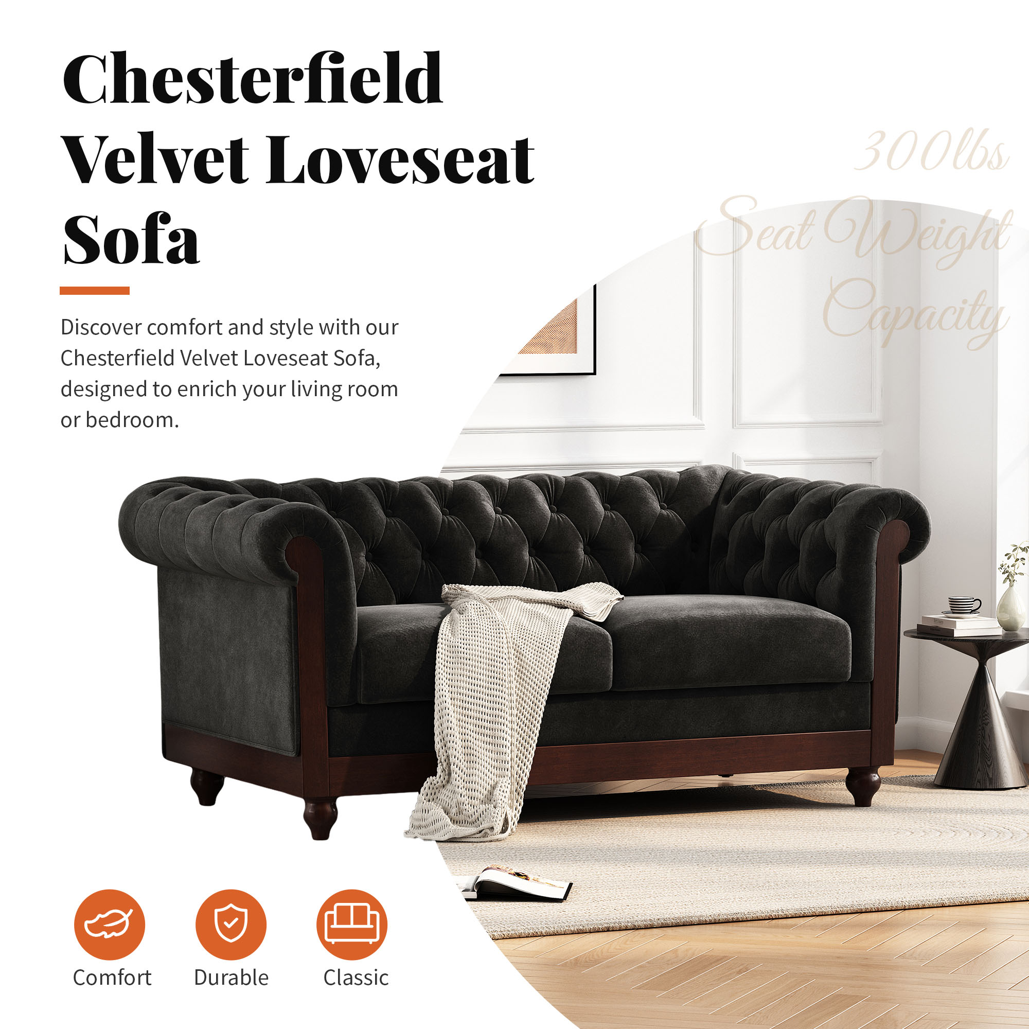 VIVALUX 59.44" Chesterfield Velvet Loveseat Sofa,2-Person Rolled Arm Dutch Plush Upholstered Sofa Couch with Tufted Button for Living Room, Bedroom, Small Places,Black - Image 5