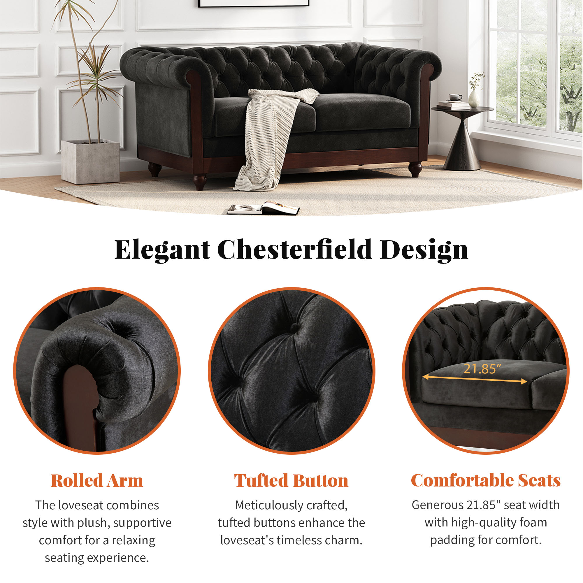 VIVALUX 59.44" Chesterfield Velvet Loveseat Sofa,2-Person Rolled Arm Dutch Plush Upholstered Sofa Couch with Tufted Button for Living Room, Bedroom, Small Places,Black - Image 6