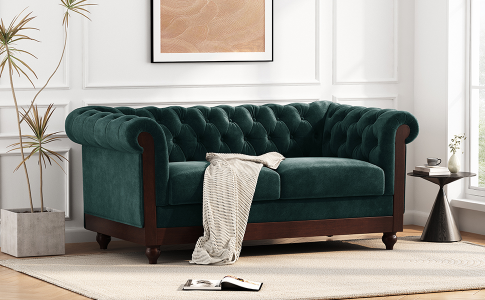 VIVALUX 59.44" Chesterfield Velvet Loveseat Sofa,2-Person Rolled Arm Dutch Plush Upholstered Sofa Couch with Tufted Button for Living Room, Bedroom, Small Places,Forest Green - Image 3