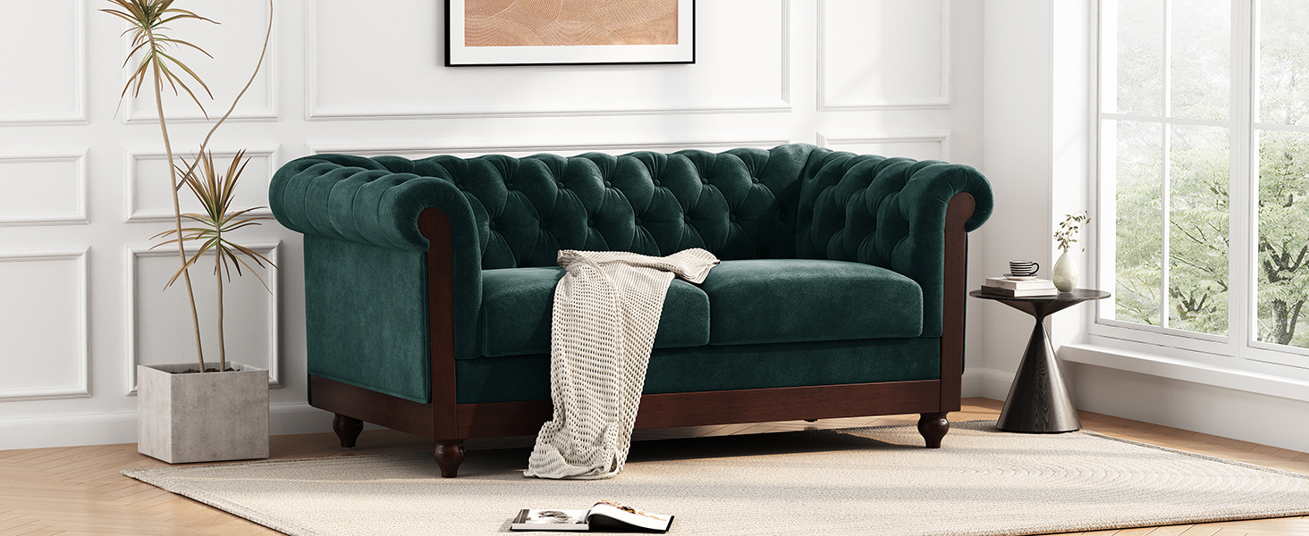 VIVALUX 59.44" Chesterfield Velvet Loveseat Sofa,2-Person Rolled Arm Dutch Plush Upholstered Sofa Couch with Tufted Button for Living Room, Bedroom, Small Places,Forest Green - Image 4