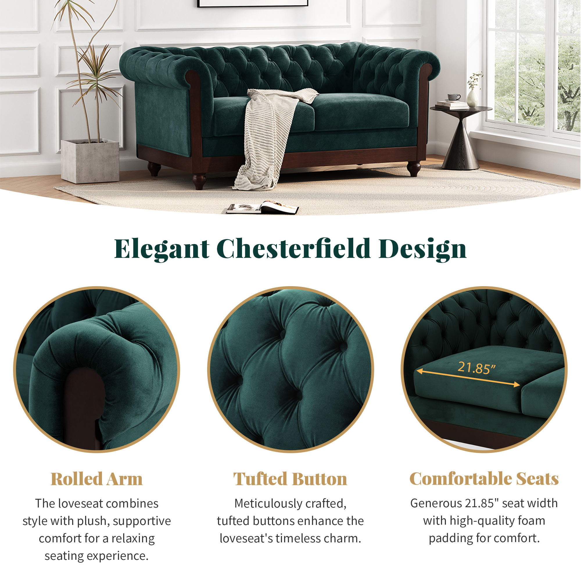 VIVALUX 59.44" Chesterfield Velvet Loveseat Sofa,2-Person Rolled Arm Dutch Plush Upholstered Sofa Couch with Tufted Button for Living Room, Bedroom, Small Places,Forest Green - Image 6