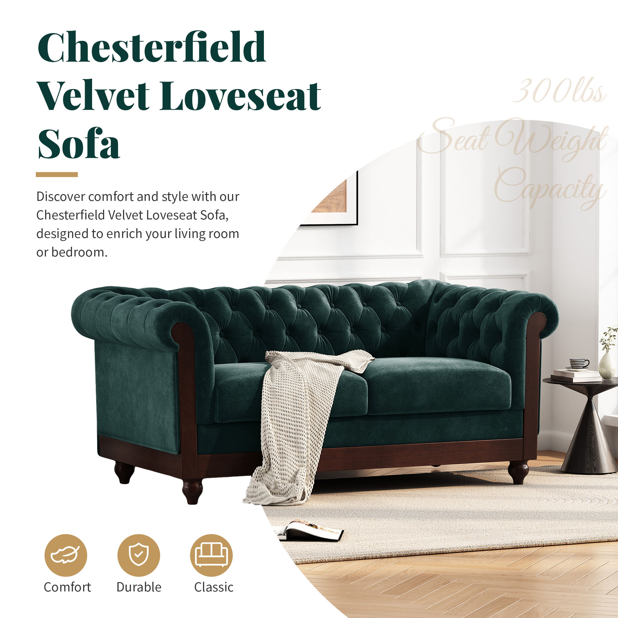 VIVALUX 59.44" Chesterfield Velvet Loveseat Sofa,2-Person Rolled Arm Dutch Plush Upholstered Sofa Couch with Tufted Button for Living Room, Bedroom, Small Places,Forest Green - Image 5