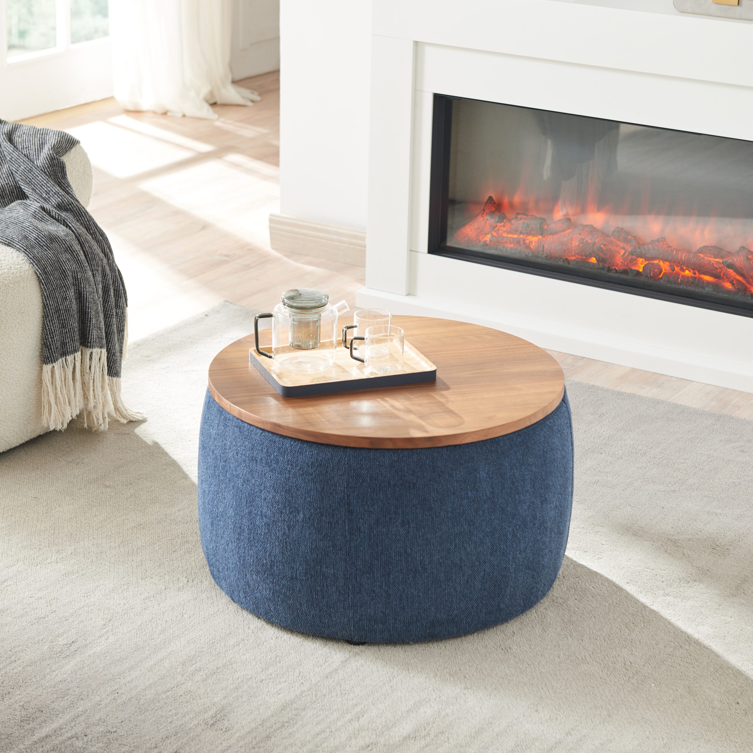 Round Storage Ottoman, 2 in 1 Function, Work as End table and Ottoman, Navy (25.5"x25.5"x14.5") - Image 2