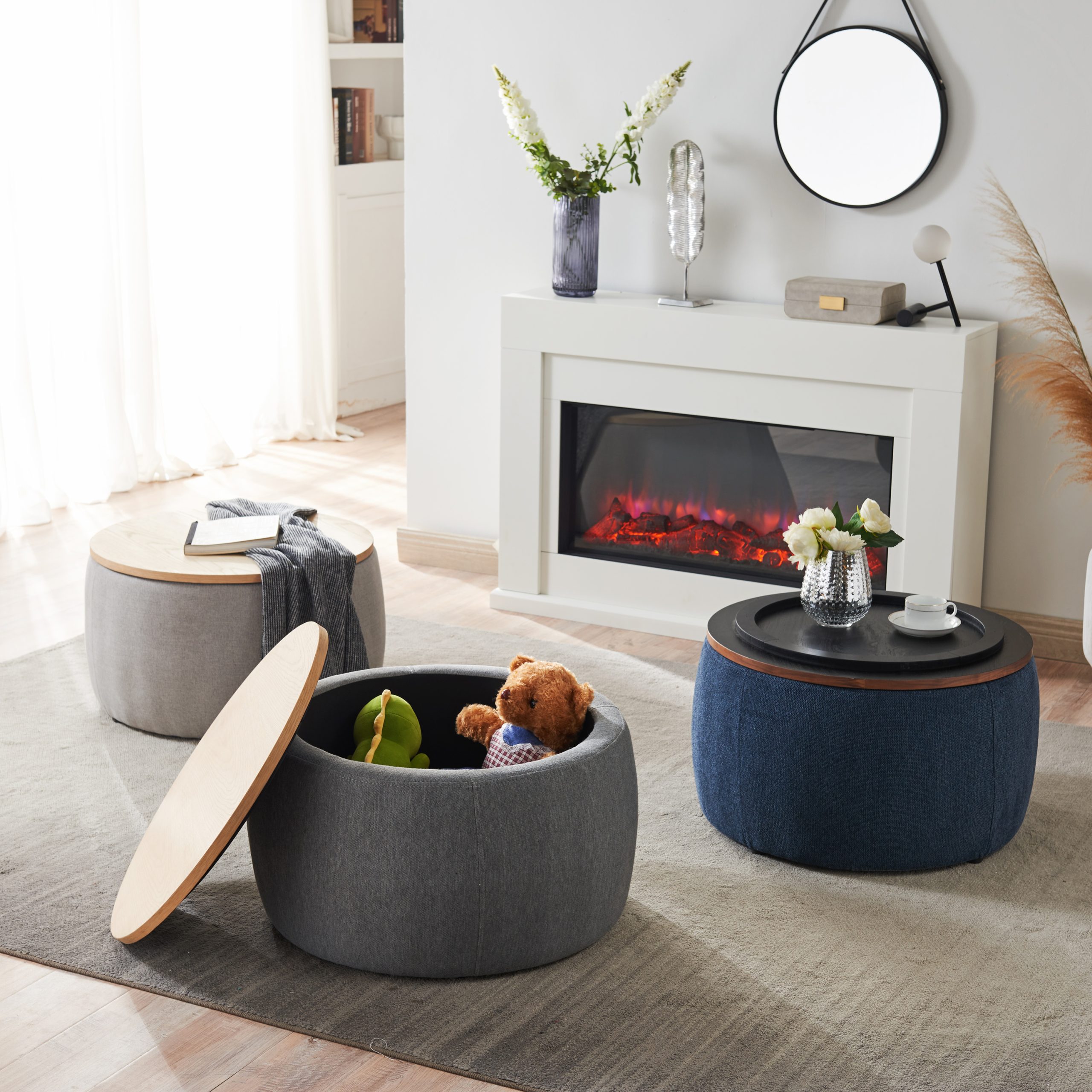 Round Storage Ottoman, 2 in 1 Function, Work as End table and Ottoman, Navy (25.5"x25.5"x14.5") - Image 6