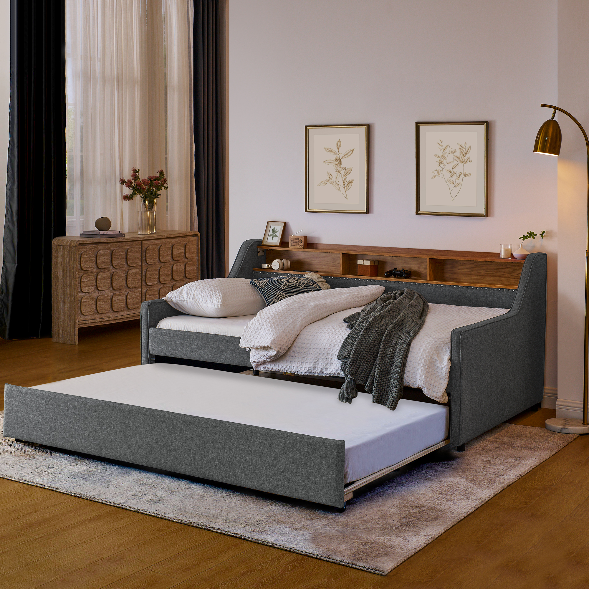 Twin Size Upholstery Sofa Bed with Three LED lights, with Storage Adjustable Headboard, with Foldable Leg Pull up Trundle Bed and Wireless Charging, Linen Padded Sofa Bed frame, Grey - Image 2
