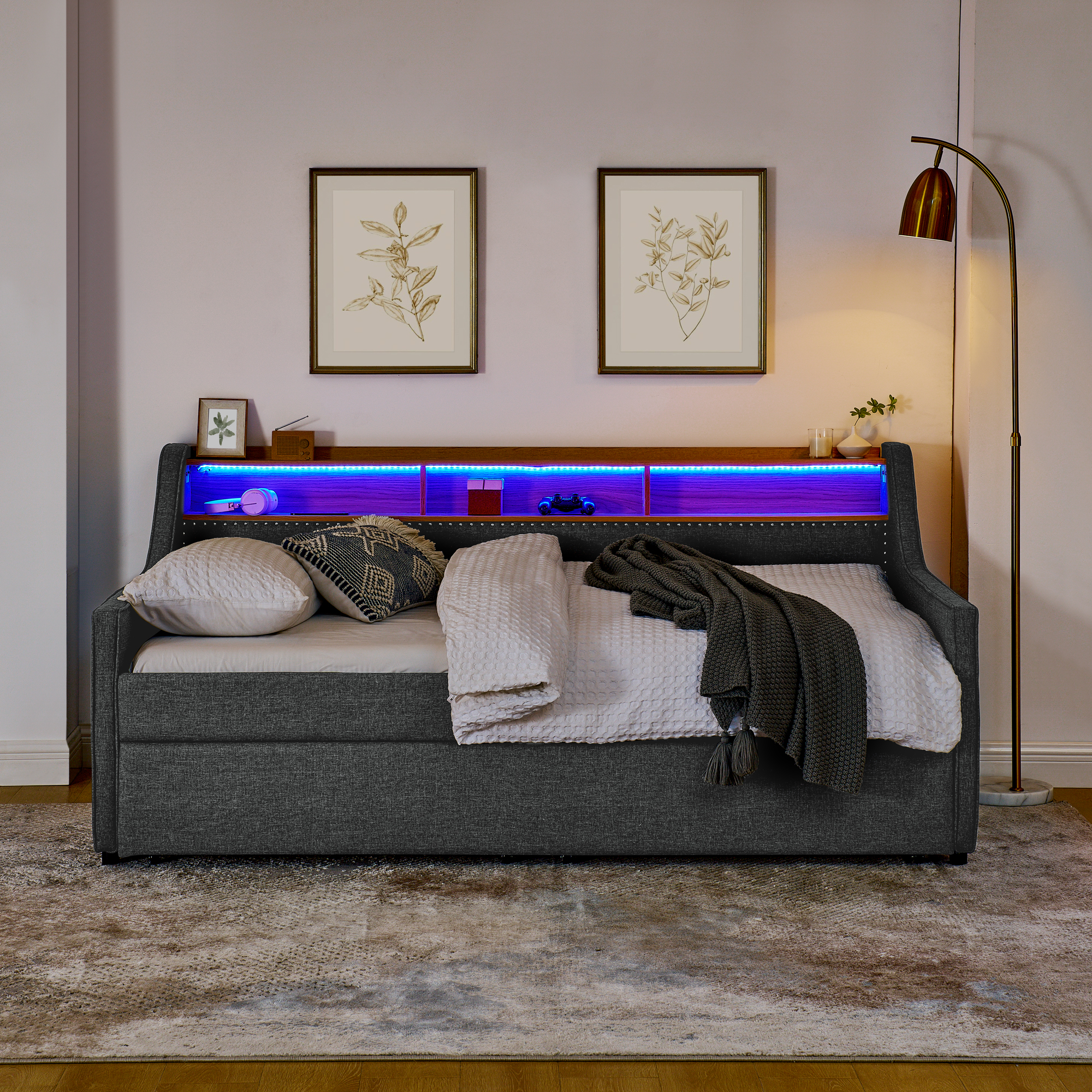 Twin Size Upholstery Sofa Bed with Three LED lights, with Storage Adjustable Headboard, with Foldable Leg Pull up Trundle Bed and Wireless Charging, Linen Padded Sofa Bed frame, Grey - Image 3