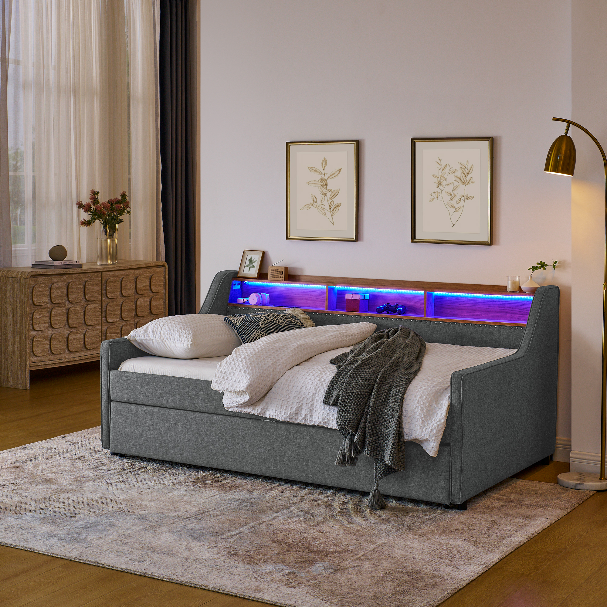 Twin Size Upholstery Sofa Bed with Three LED lights, with Storage Adjustable Headboard, with Foldable Leg Pull up Trundle Bed and Wireless Charging, Linen Padded Sofa Bed frame, Grey - Image 4