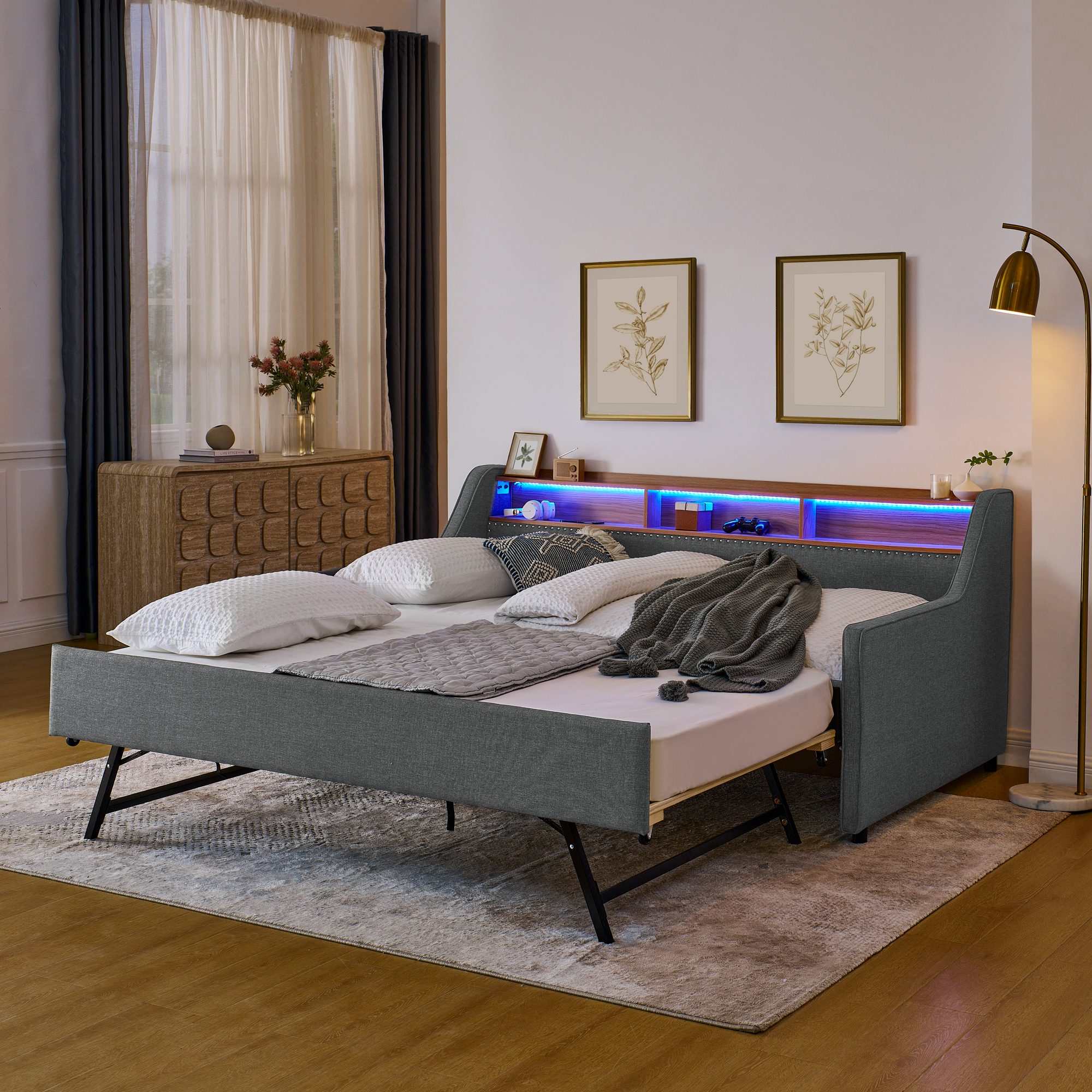 Twin Size Upholstery Sofa Bed with Three LED lights, with Storage Adjustable Headboard, with Foldable Leg Pull up Trundle Bed and Wireless Charging, Linen Padded Sofa Bed frame, Grey - Image 5