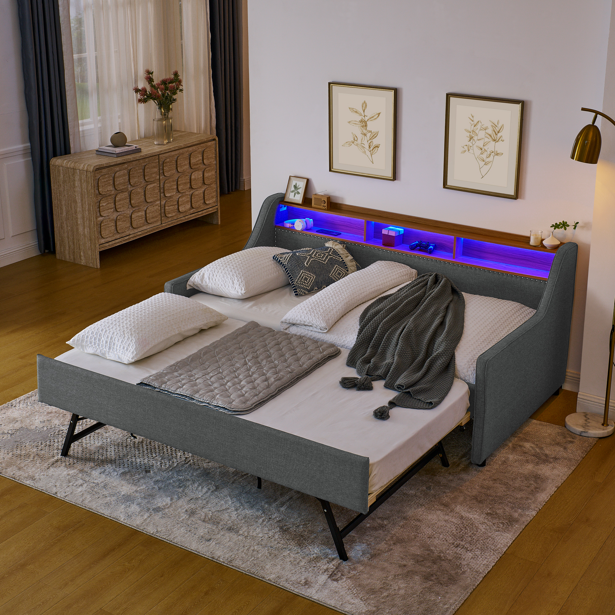 Twin Size Upholstery Sofa Bed with Three LED lights, with Storage Adjustable Headboard, with Foldable Leg Pull up Trundle Bed and Wireless Charging, Linen Padded Sofa Bed frame, Grey - Image 6