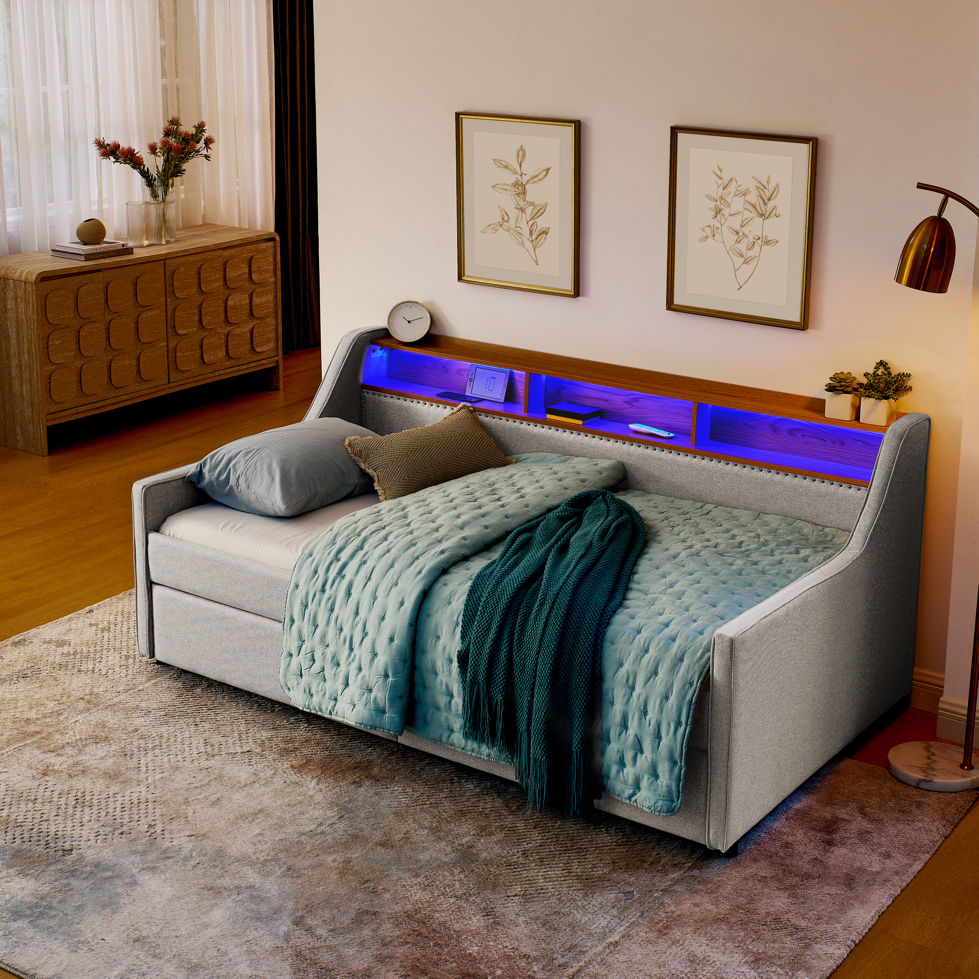 Twin Size Upholstery Sofa Bed with Three LED lights, with Storage Adjustable Headboard, with Two Storage Pull Up drawers and Wireless Charging, Linen Padded Sofa Bed frame, Beige - Image 2