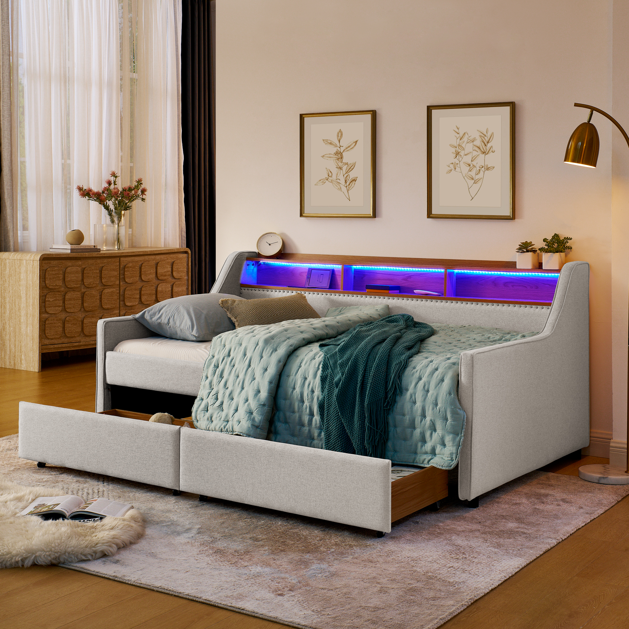 Twin Size Upholstery Sofa Bed with Three LED lights, with Storage Adjustable Headboard, with Two Storage Pull Up drawers and Wireless Charging, Linen Padded Sofa Bed frame, Beige - Image 3